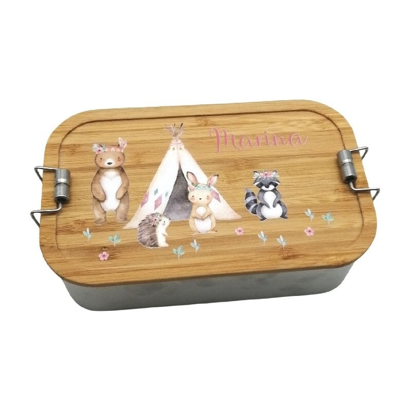 Brotdose personalisiert aus Edelstahl mit Bambus Deckel "Boho Waldtiere", Trennsteg, Lunchbox