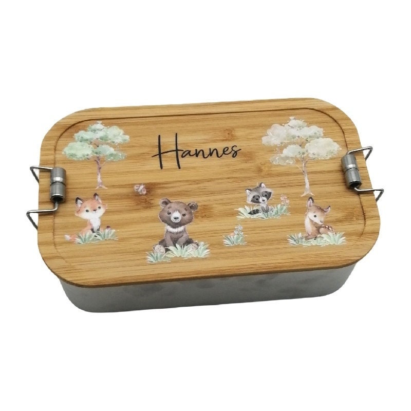Brotdose personalisiert aus Edelstahl mit Bambus Deckel "Waldtiere", Trennsteg, Lunchbox