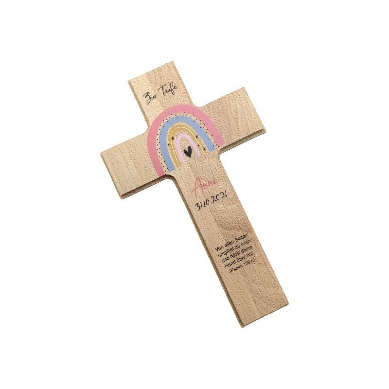 Taufkreuz / Kinderkreuz personalisiert "Regenbogen pfirsich" Wandkreuz aus Holz