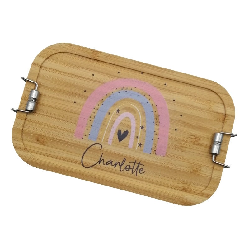 Brotdose personalisiert aus Edelstahl mit Bambus Deckel "Regenbogen pfirsich", Trennsteg, Lunchbox, Brotdose für Kinder, Brotdose Edelstahl