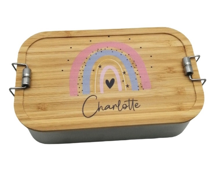 Brotdose personalisiert aus Edelstahl mit Bambus Deckel "Regenbogen pfirsich", Trennsteg, Lunchbox, Brotdose für Kinder, Brotdose Edelstahl