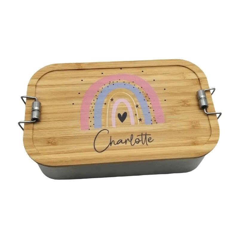 Brotdose personalisiert aus Edelstahl mit Bambus Deckel "Regenbogen pfirsich", Trennsteg, Lunchbox, Brotdose für Kinder, Brotdose Edelstahl