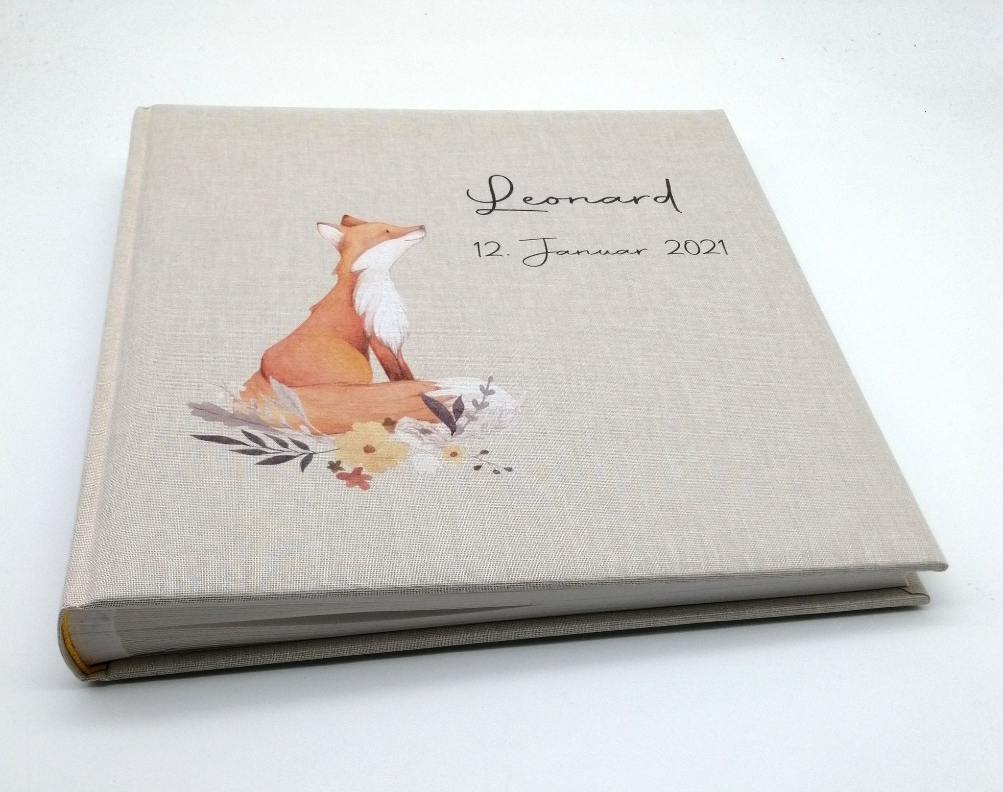 Fotoalbum personalisiert Baby, Kind "Fuchs" Leinen, Erinnerungsalbum