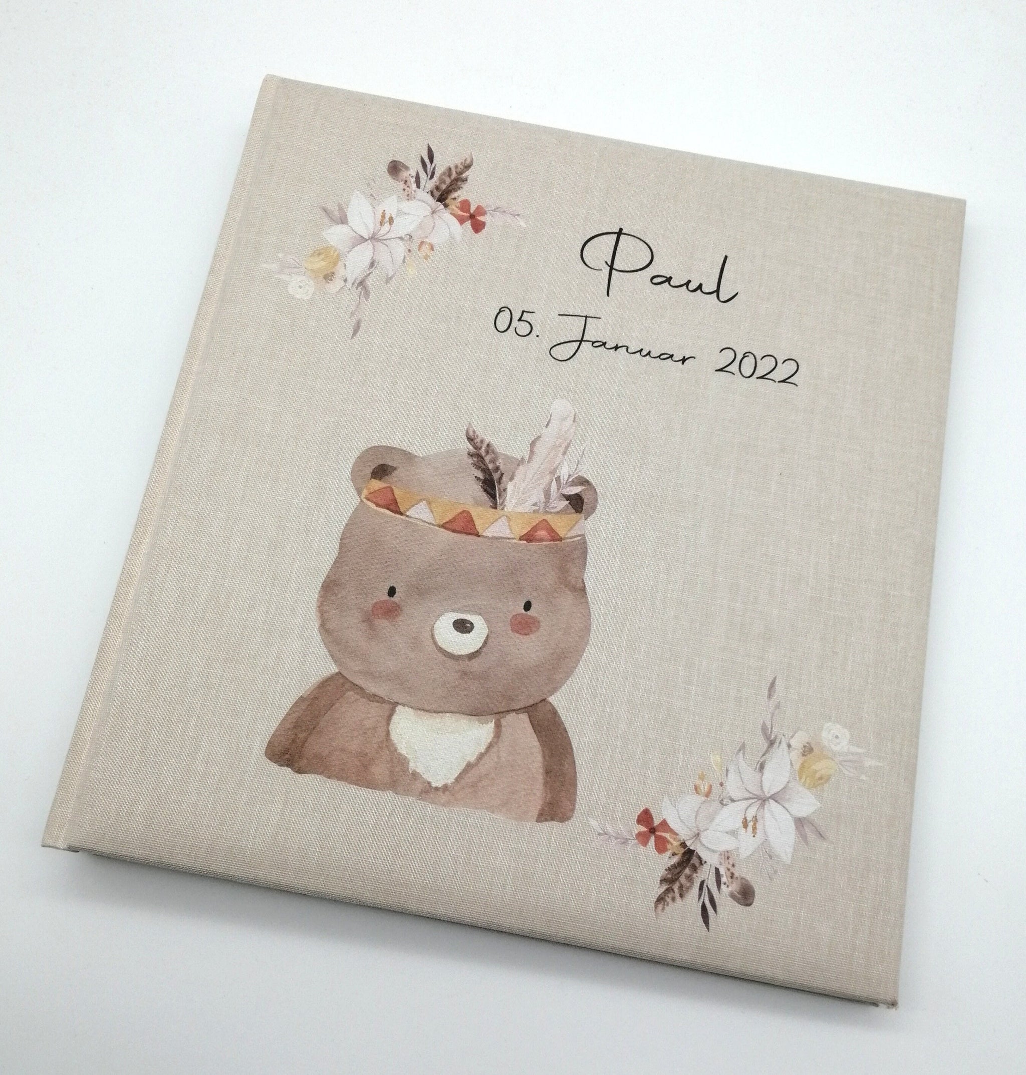 Fotoalbum personalisiert Baby, Kind "Boho Bär" Leinen, Erinnerungsalbum