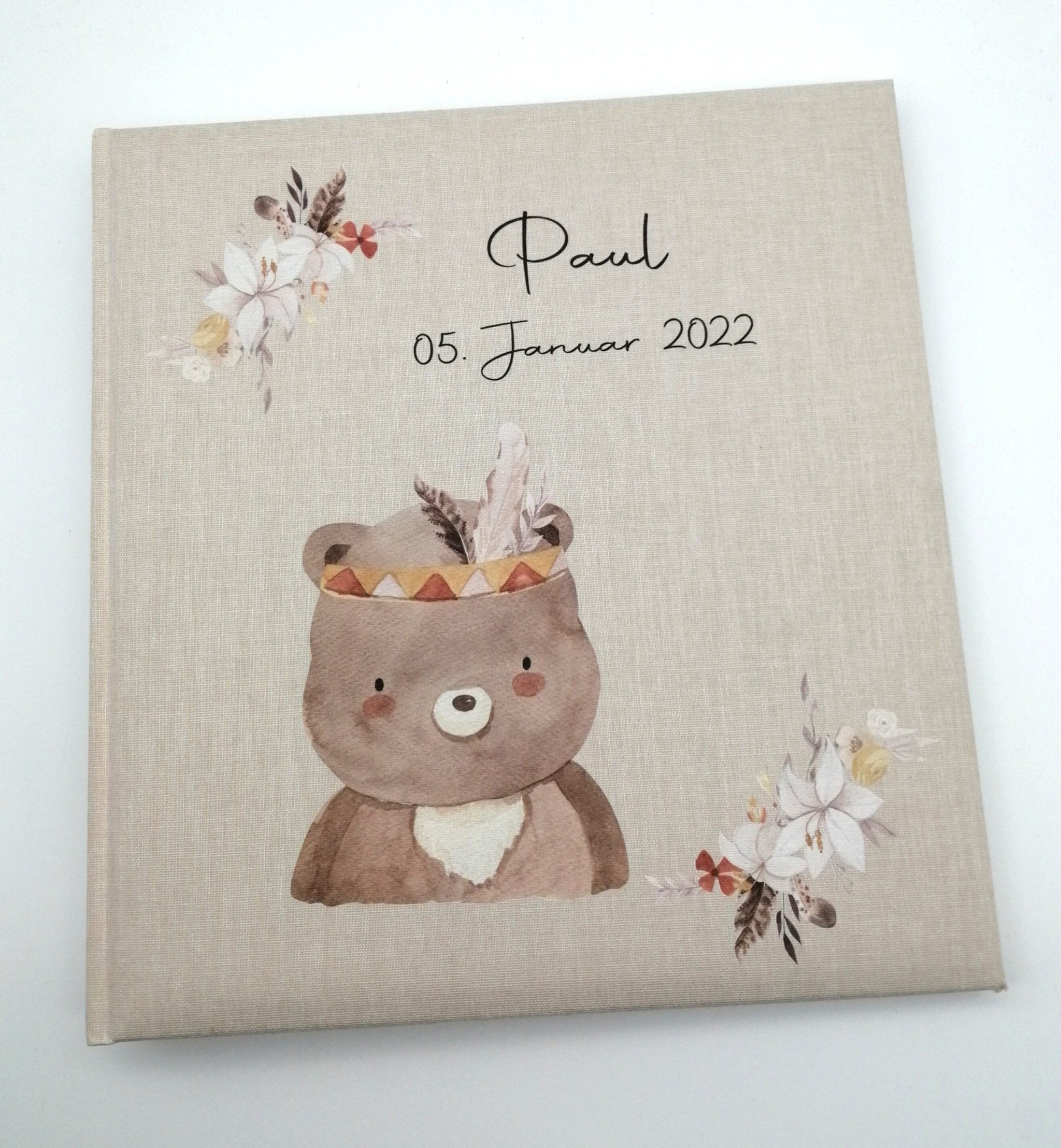 Fotoalbum personalisiert Baby, Kind "Boho Bär" Leinen, Erinnerungsalbum