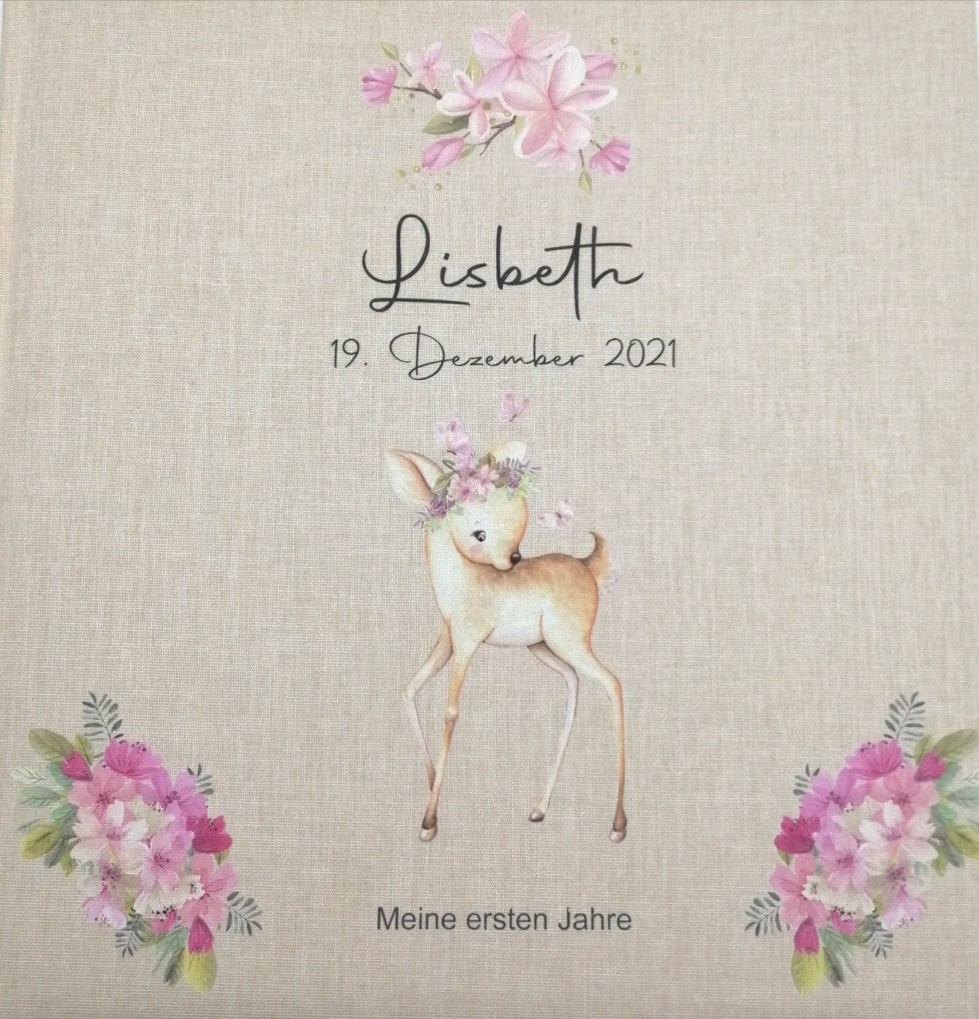 Fotoalbum personalisiert Baby, Kind "Boho Reh" Leinen, Erinnerungsalbum