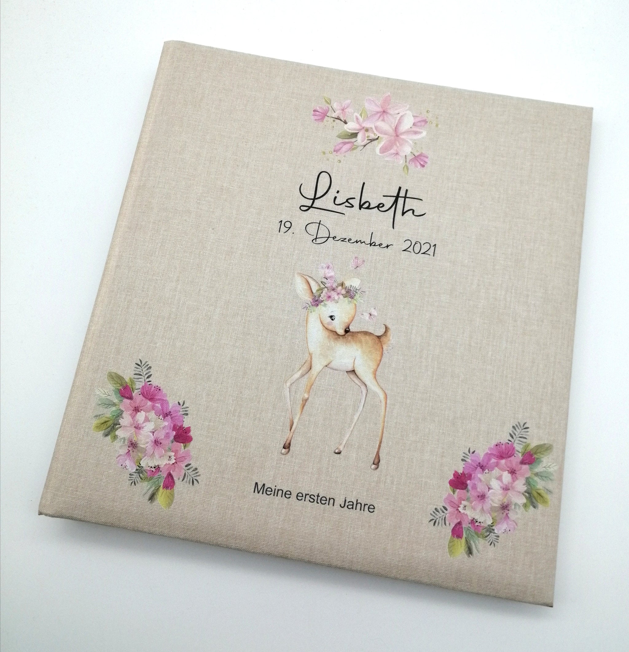 Fotoalbum personalisiert Baby, Kind "Boho Reh" Leinen, Erinnerungsalbum
