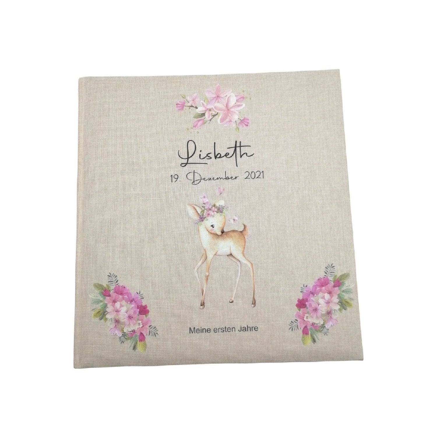 Fotoalbum personalisiert Baby, Kind "Boho Reh" Leinen, Erinnerungsalbum