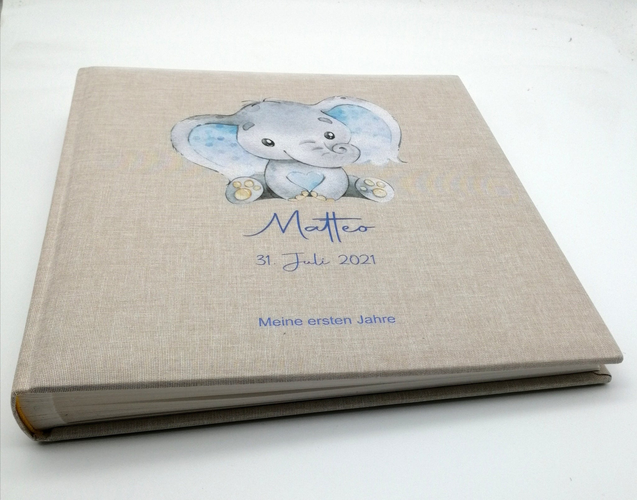 Fotoalbum personalisiert Baby, Kind "Elefant blau" Leinen, Erinnerungsalbum