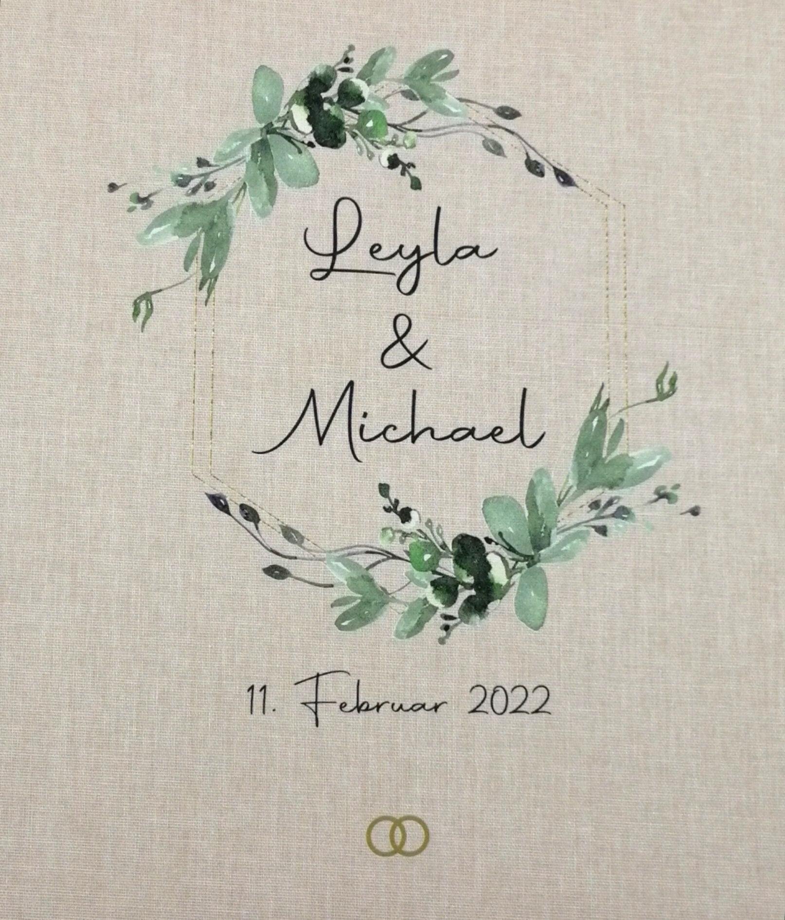 Fotoalbum personalisiert Hochzeit "Rahmen Blätter" Leinen, Erinnerungsalbum