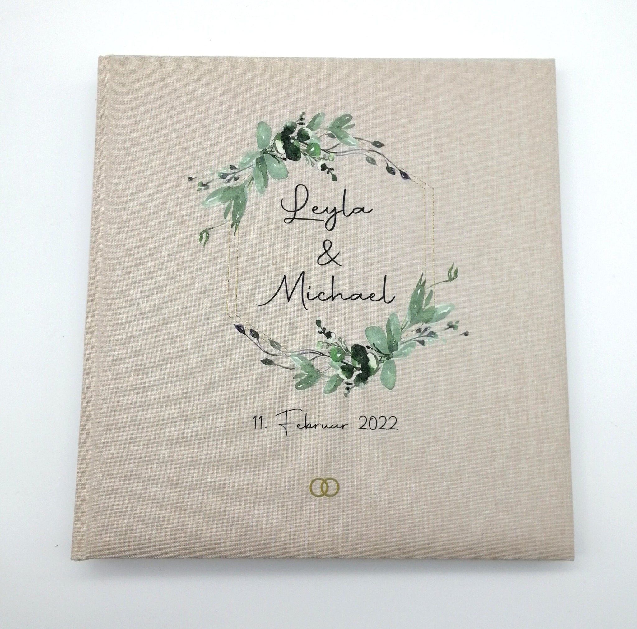 Fotoalbum personalisiert Hochzeit "Rahmen Blätter" Leinen, Erinnerungsalbum