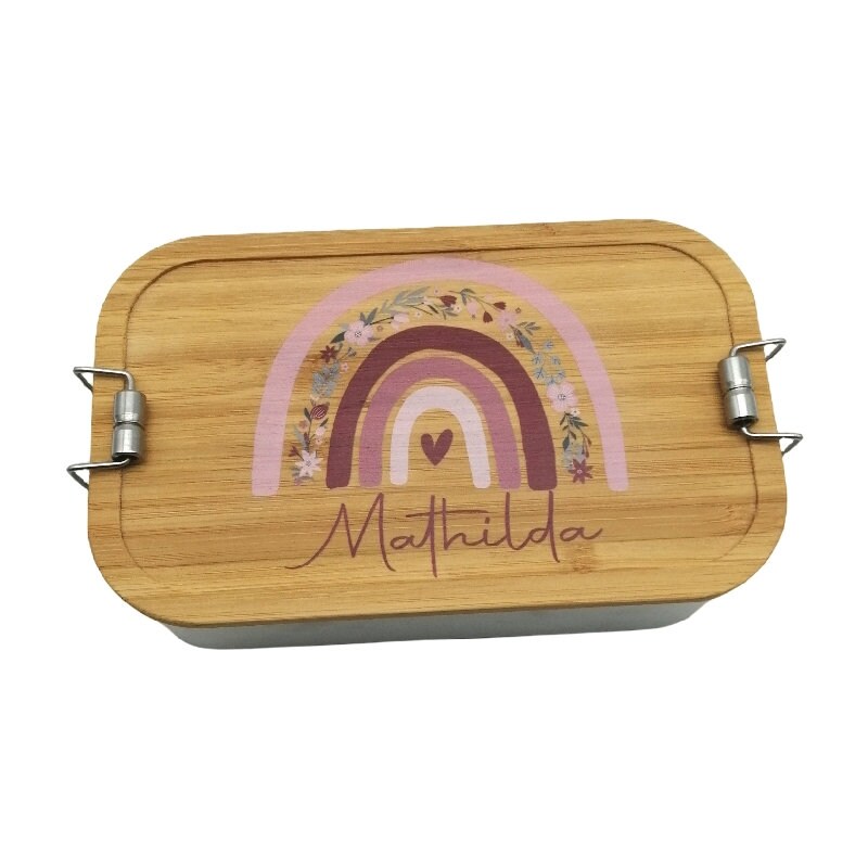 Brotdose personalisiert aus Edelstahl mit Bambus Deckel "Regenbogen Blumen", Trennsteg, Lunchbox, Brotdose für Kinder, Brotdose Schule