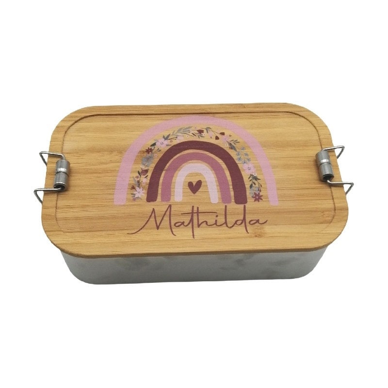 Brotdose personalisiert aus Edelstahl mit Bambus Deckel "Regenbogen Blumen", Trennsteg, Lunchbox, Brotdose für Kinder, Brotdose Schule