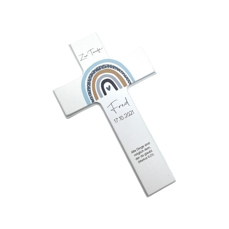 Taufkreuz / Kinderkreuz personalisiert "Regenbogen Punkte" Wandkreuz aus Holz
