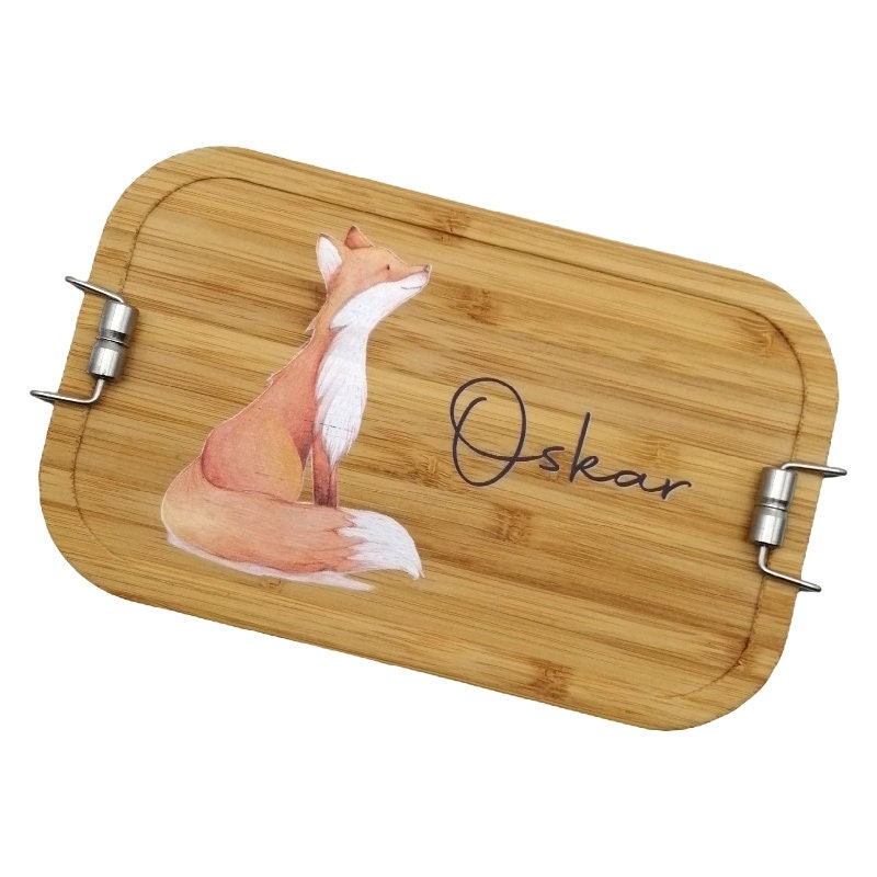 Brotdose personalisiert aus Edelstahl mit Bambus Deckel "Fuchs", Trennsteg, Lunchbox