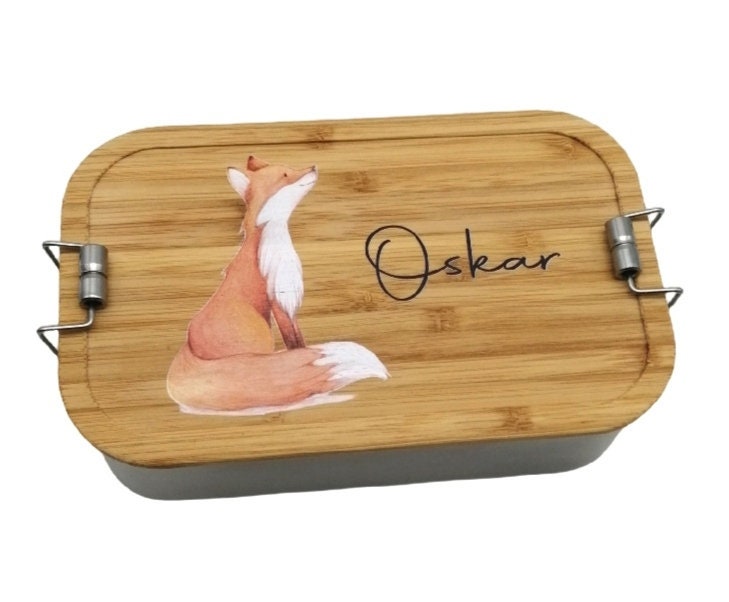 Brotdose personalisiert aus Edelstahl mit Bambus Deckel "Fuchs", Trennsteg, Lunchbox