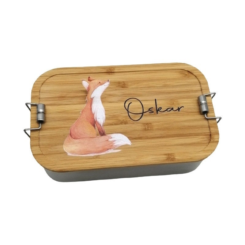 Brotdose personalisiert aus Edelstahl mit Bambus Deckel "Fuchs", Trennsteg, Lunchbox