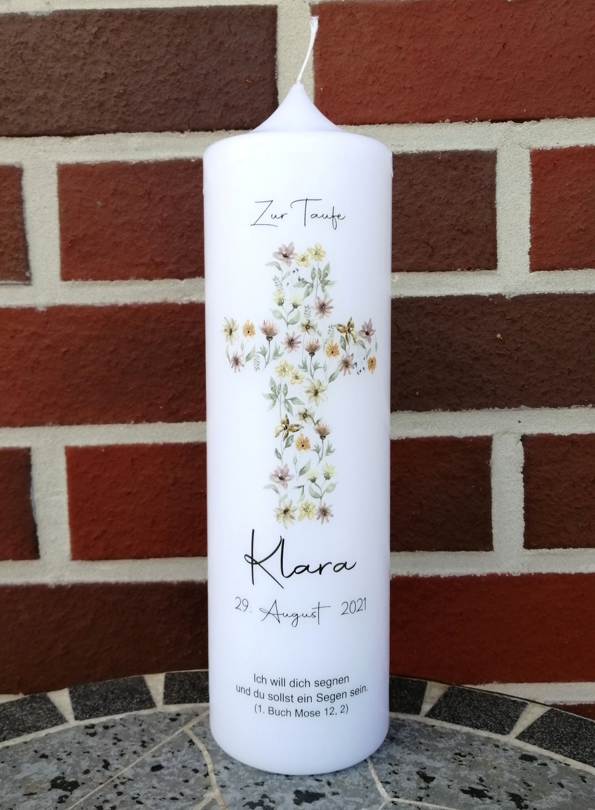 Taufkerze personalisiert mit Namen Datum und Taufspruch "Kreuz floral", Junge/ Mädchen