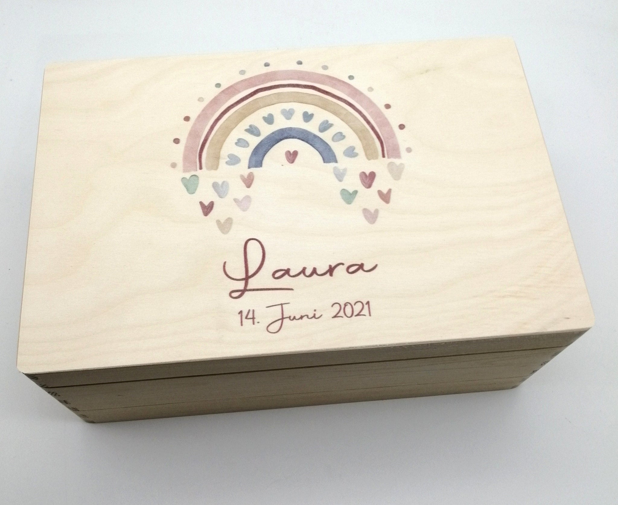 Erinnerungskiste Baby mit Namen "Regenbogen Herz" Erinnerungskiste Kinder, Erinnerungsbox bedruckt, Taufgeschenk, Geschenk zur Geburt, Baby