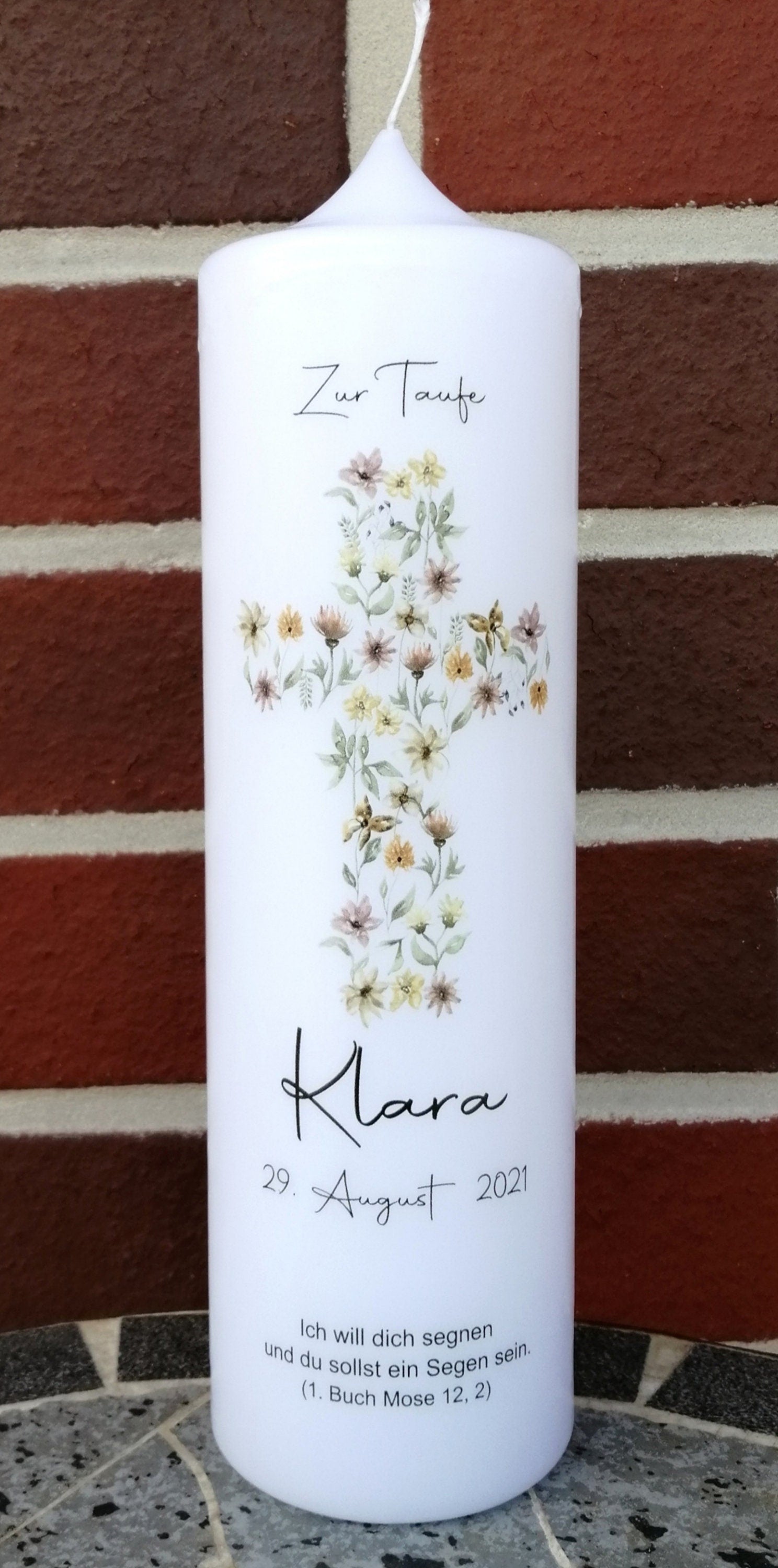 Taufkerze personalisiert mit Namen Datum und Taufspruch "Kreuz floral", Junge/ Mädchen