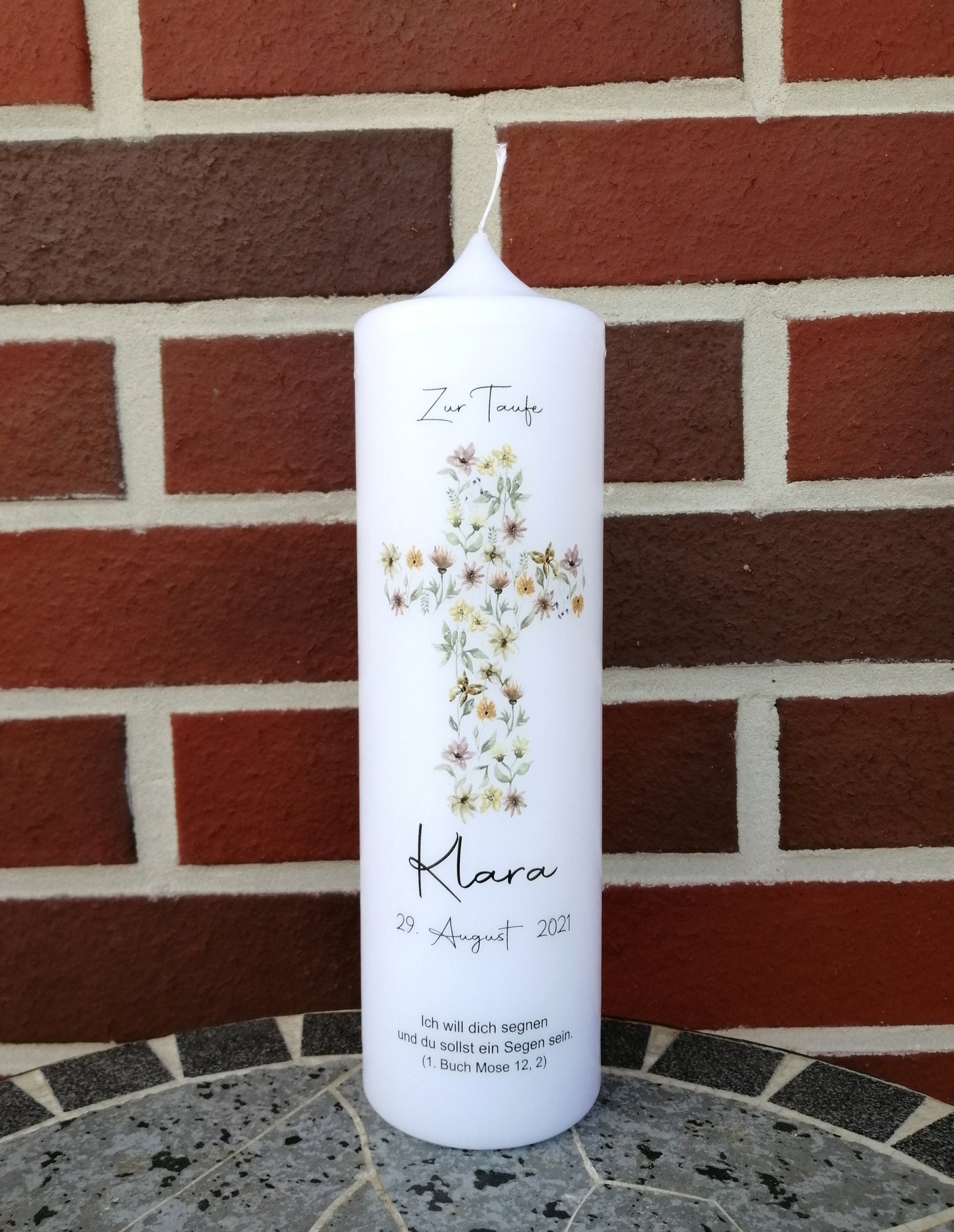 Taufkerze personalisiert mit Namen Datum und Taufspruch "Kreuz floral", Junge/ Mädchen