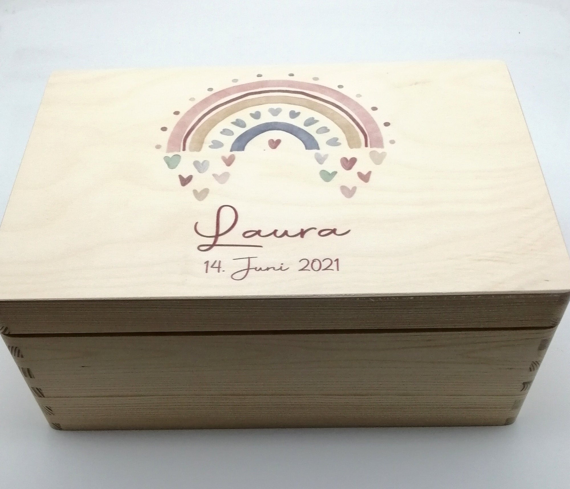 Erinnerungskiste Baby mit Namen "Regenbogen Herz" Erinnerungskiste Kinder, Erinnerungsbox bedruckt, Taufgeschenk, Geschenk zur Geburt, Baby