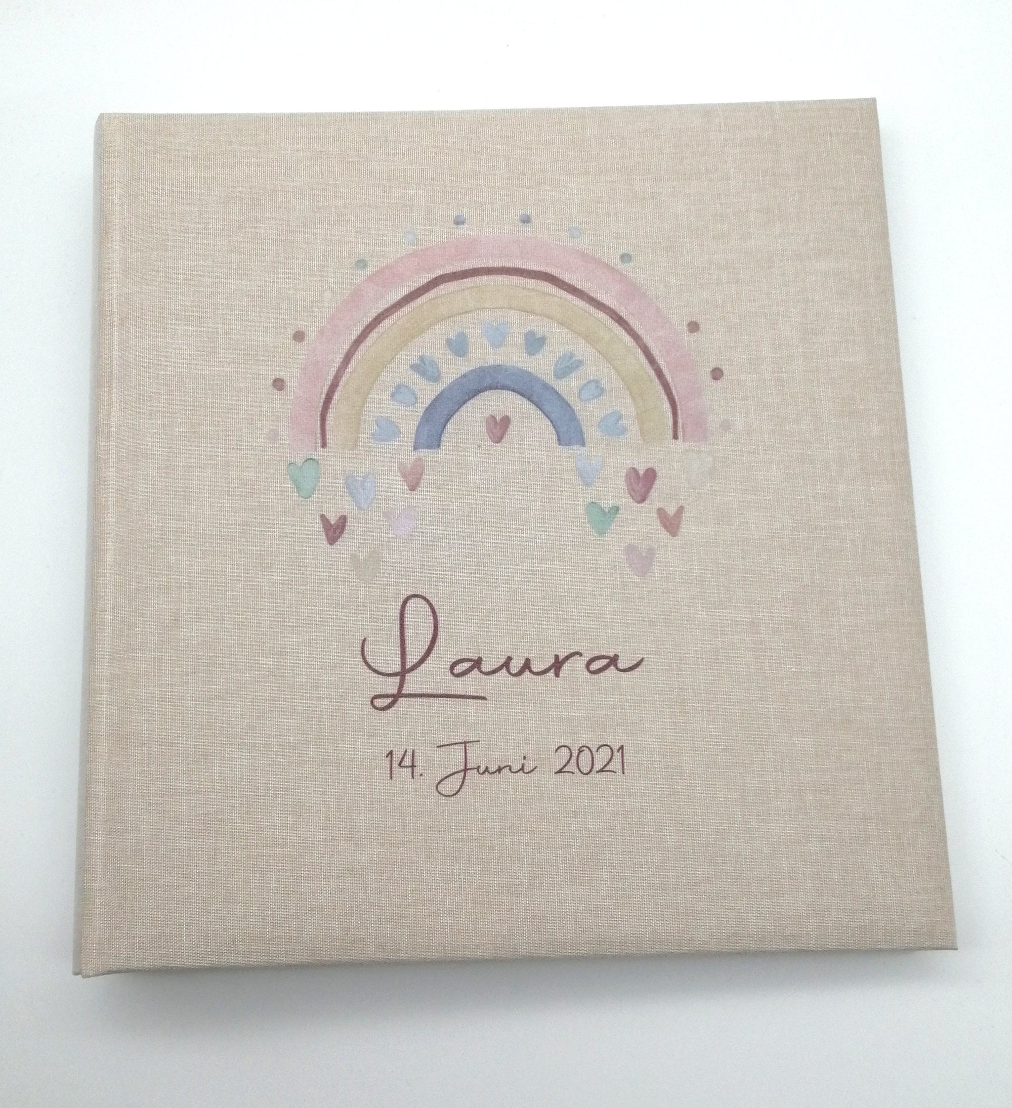 Fotoalbum personalisiert Baby, Kind "Regenbogen Herzen" Leinen, Erinnerungsalbum, Fotoalbum Geschenk zur Geburt, Fotoalbum Geburt Taufe