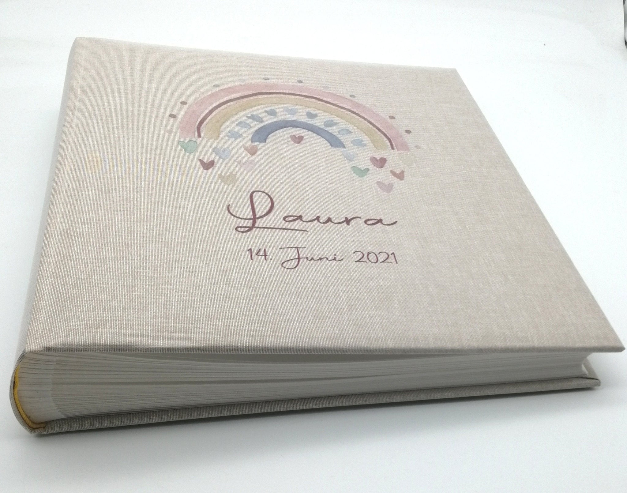 Fotoalbum personalisiert Baby, Kind "Regenbogen Herzen" Leinen, Erinnerungsalbum, Fotoalbum Geschenk zur Geburt, Fotoalbum Geburt Taufe