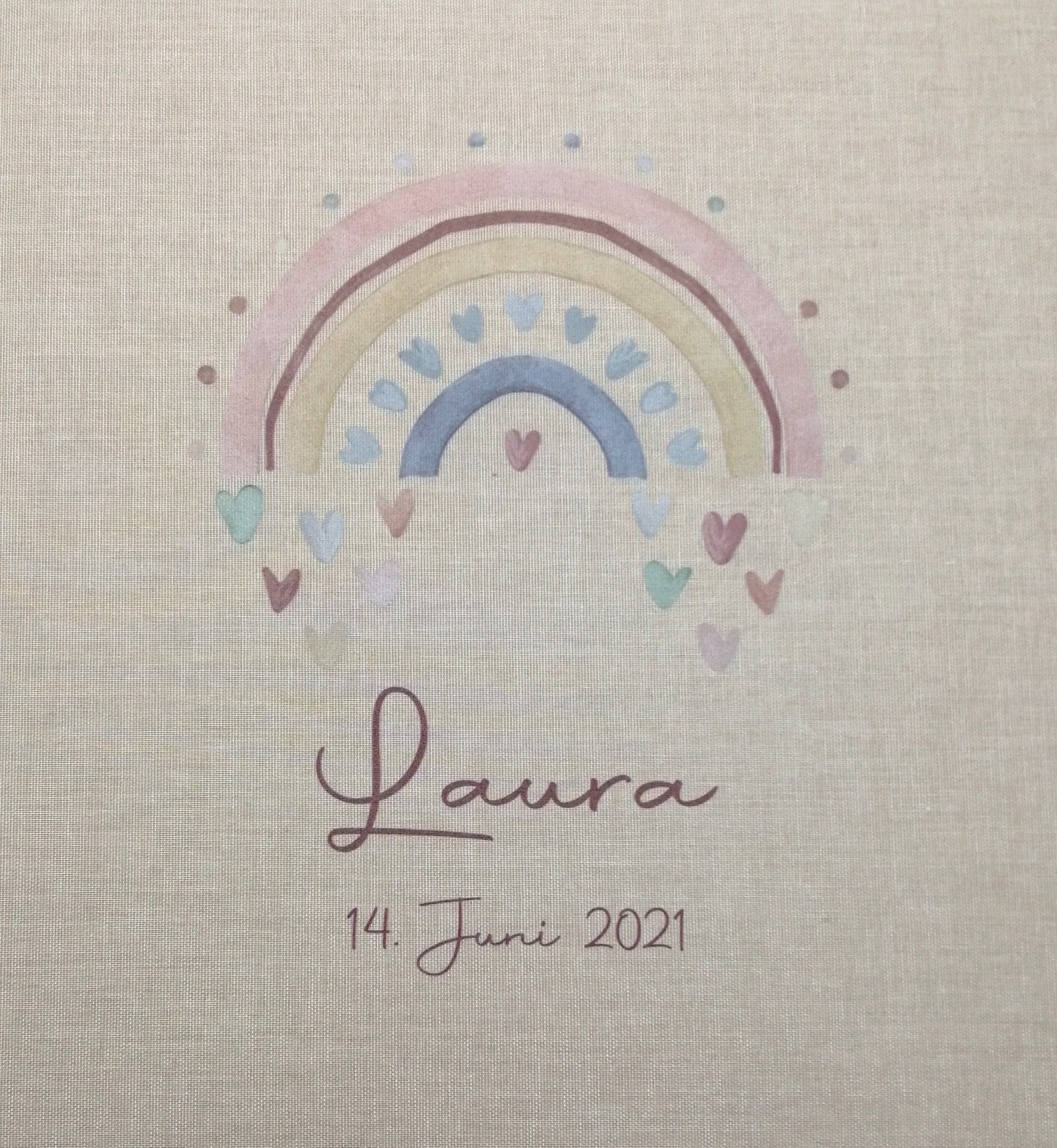 Fotoalbum personalisiert Baby, Kind "Regenbogen Herzen" Leinen, Erinnerungsalbum, Fotoalbum Geschenk zur Geburt, Fotoalbum Geburt Taufe