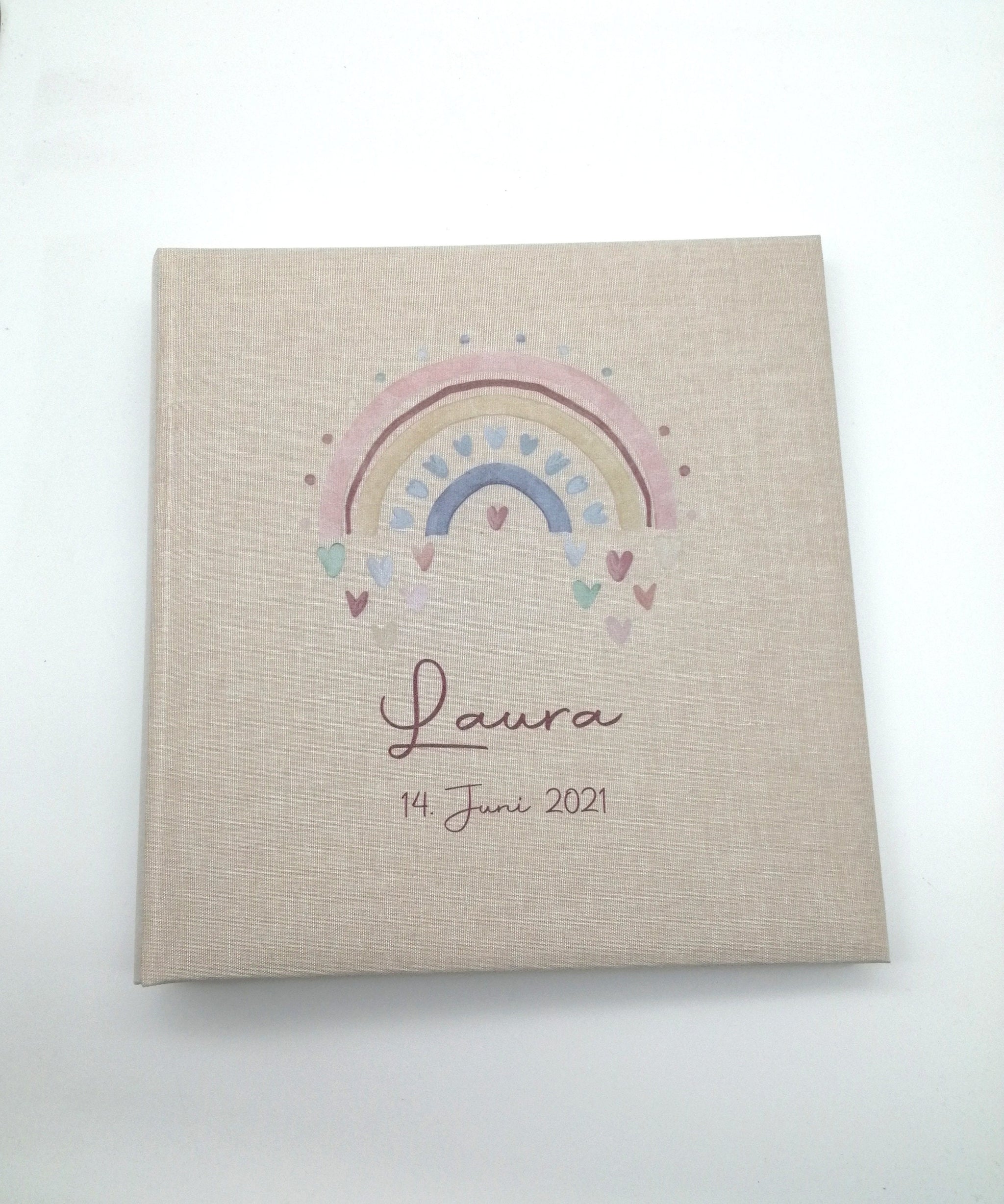 Fotoalbum personalisiert Baby, Kind "Regenbogen Herzen" Leinen, Erinnerungsalbum, Fotoalbum Geschenk zur Geburt, Fotoalbum Geburt Taufe