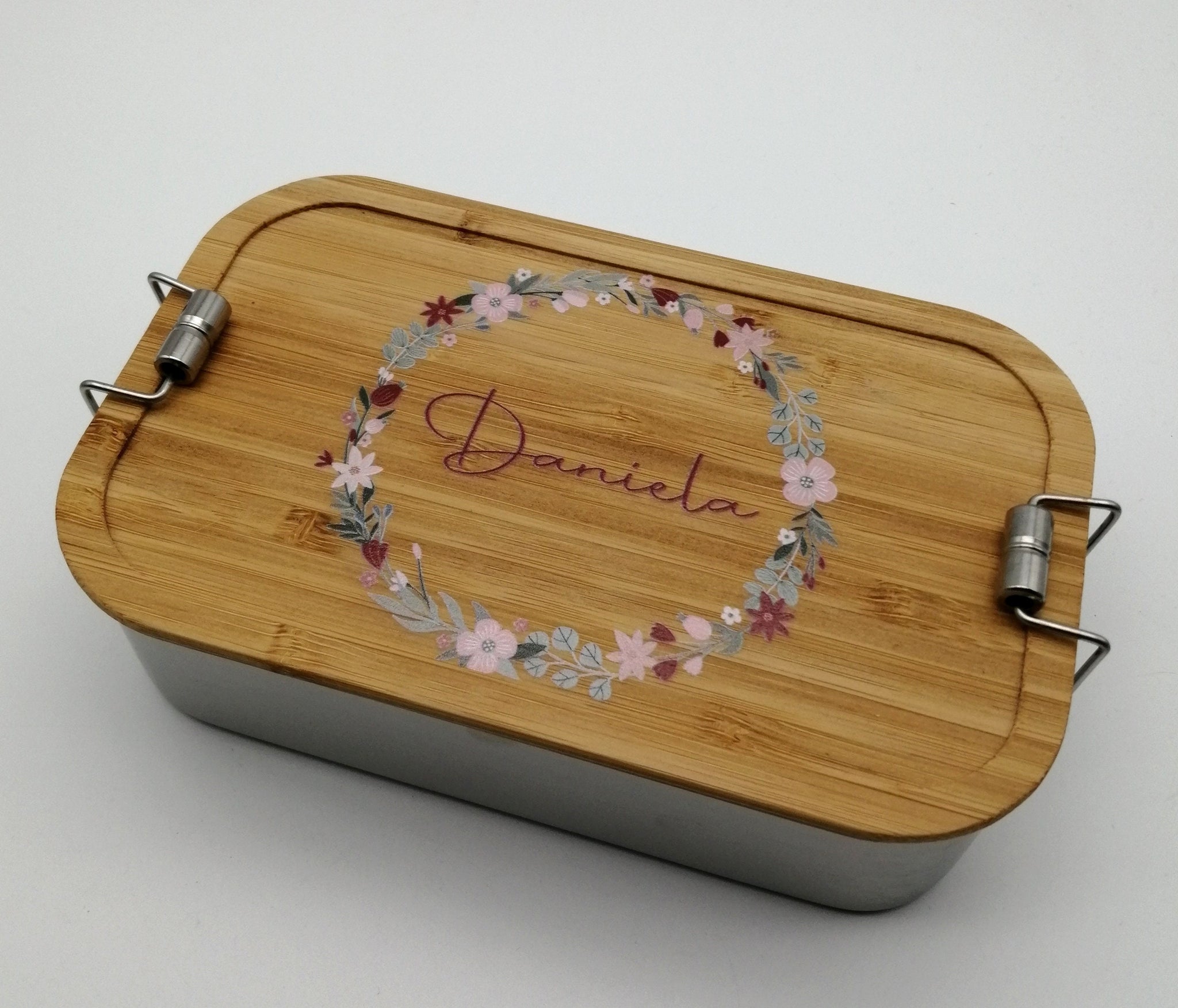 Brotdose personalisiert aus Edelstahl mit Bambus Deckel "Blumenkranz", Trennsteg, Lunchbox