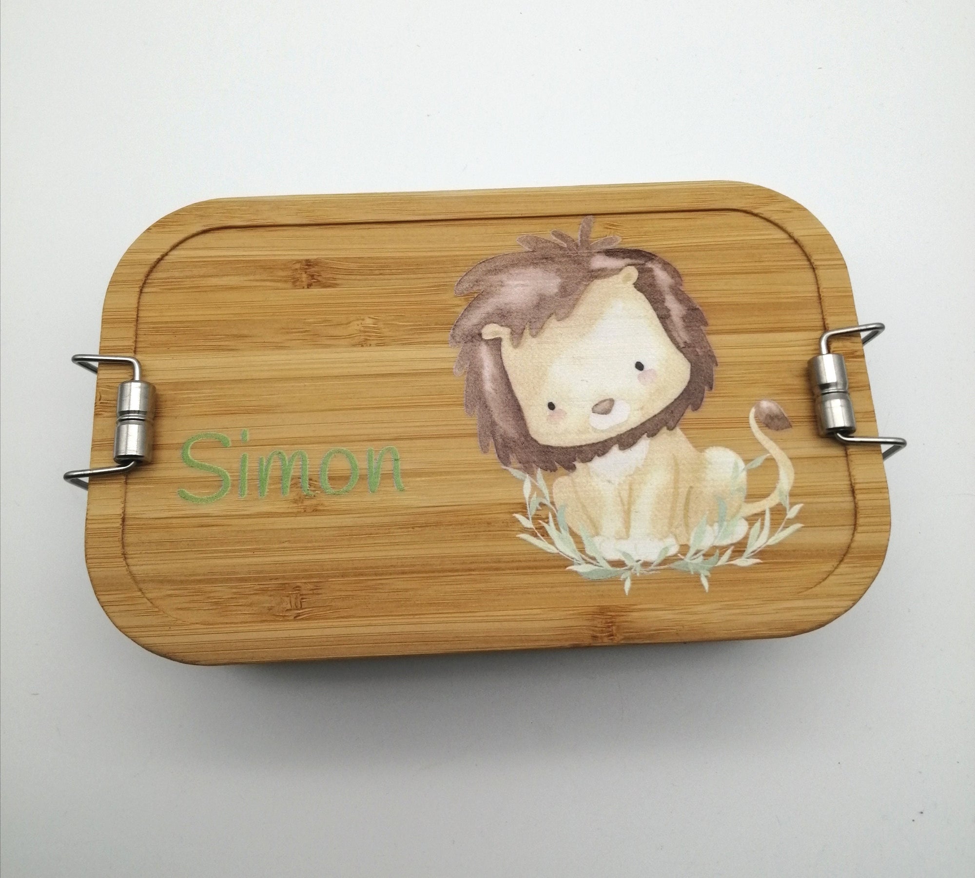 Brotdose personalisiert aus Edelstahl mit Bambus Deckel "Löwe", Trennsteg, Lunchbox