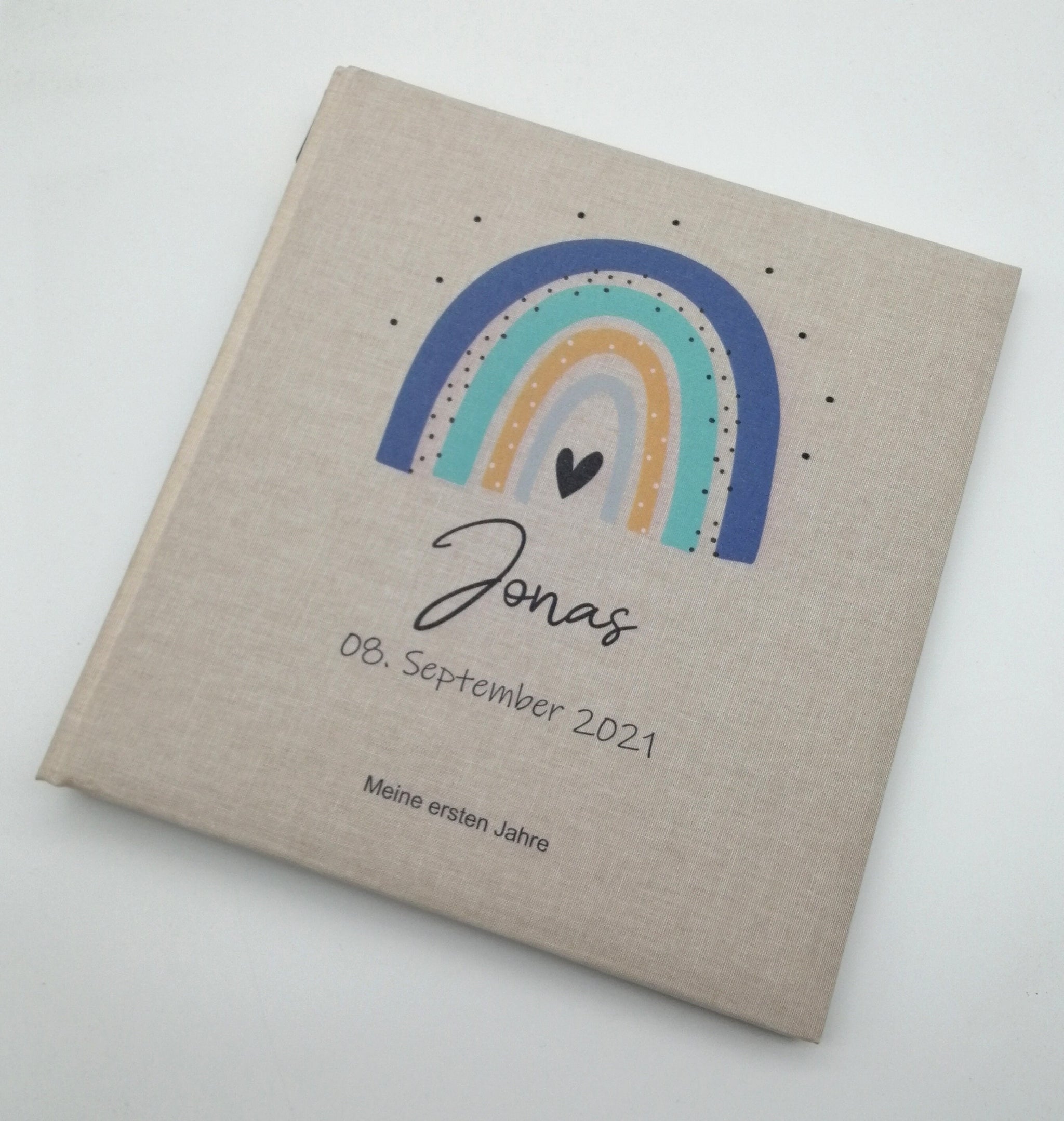 Fotoalbum personalisiert Baby, Kind "Regenbogen blau/mint" Leinen, Erinnerungsalbum