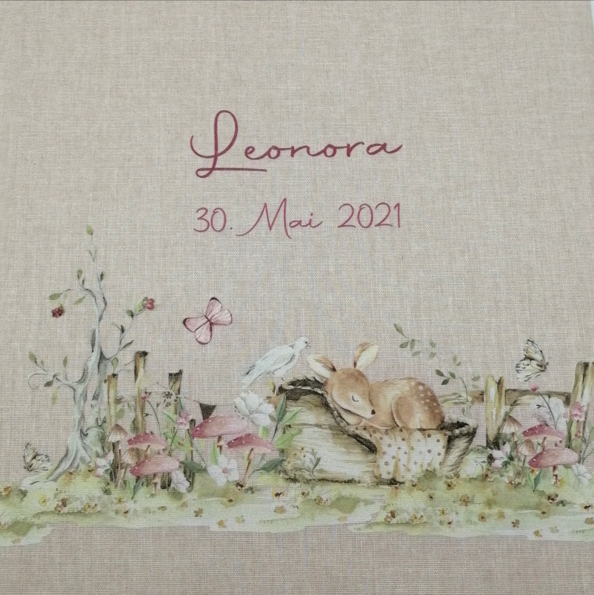 Fotoalbum personalisiert Baby, Kind "Reh Wiese" Leinen, Erinnerungsalbum