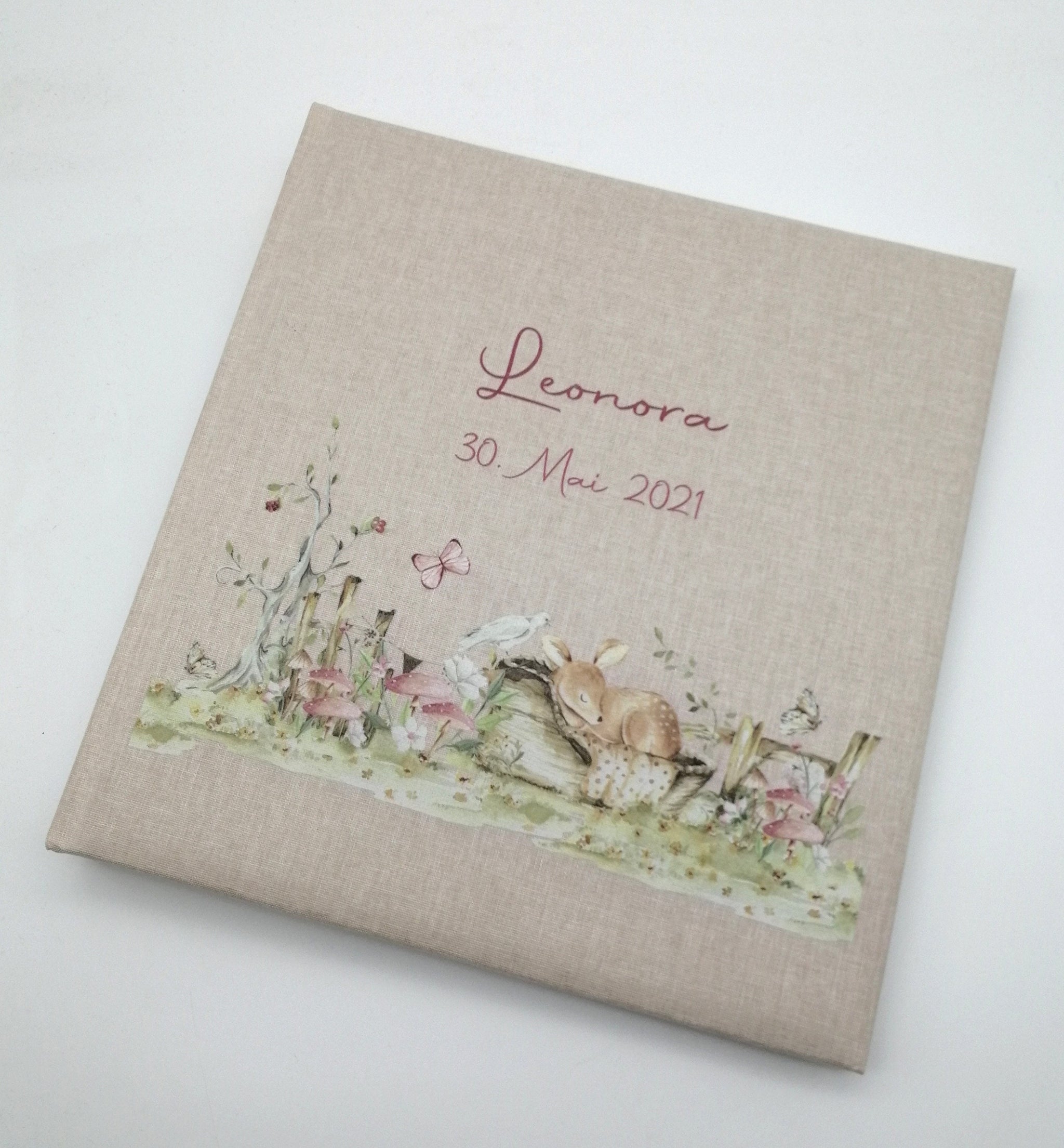 Fotoalbum personalisiert Baby, Kind "Reh Wiese" Leinen, Erinnerungsalbum