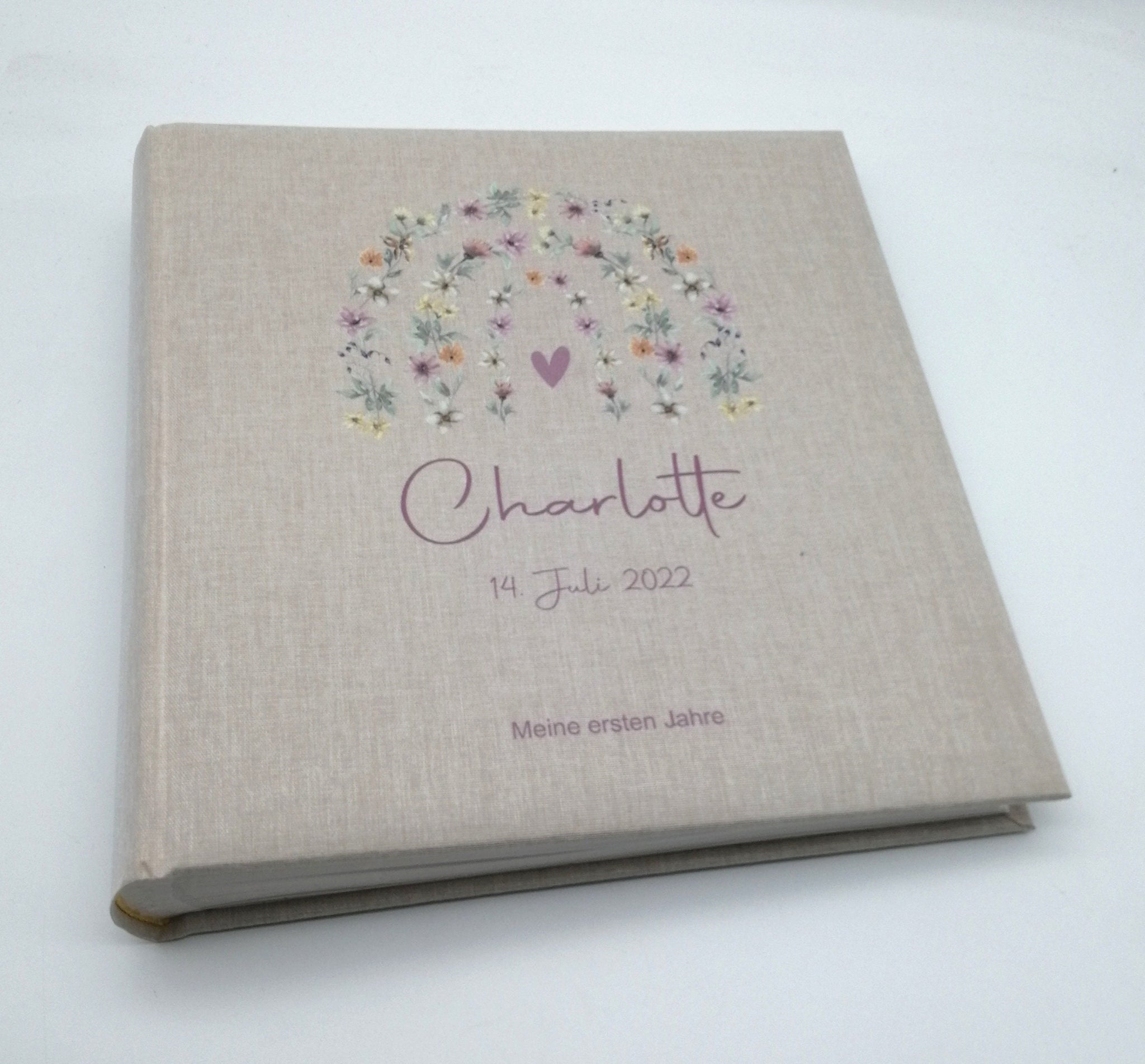 Fotoalbum personalisiert Baby, Kind "Blumenbogen" Leinen, Erinnerungsalbum, Fotoalbum Regenbogen, Mädchen, Fotoalbum zur Geburt Taufe,