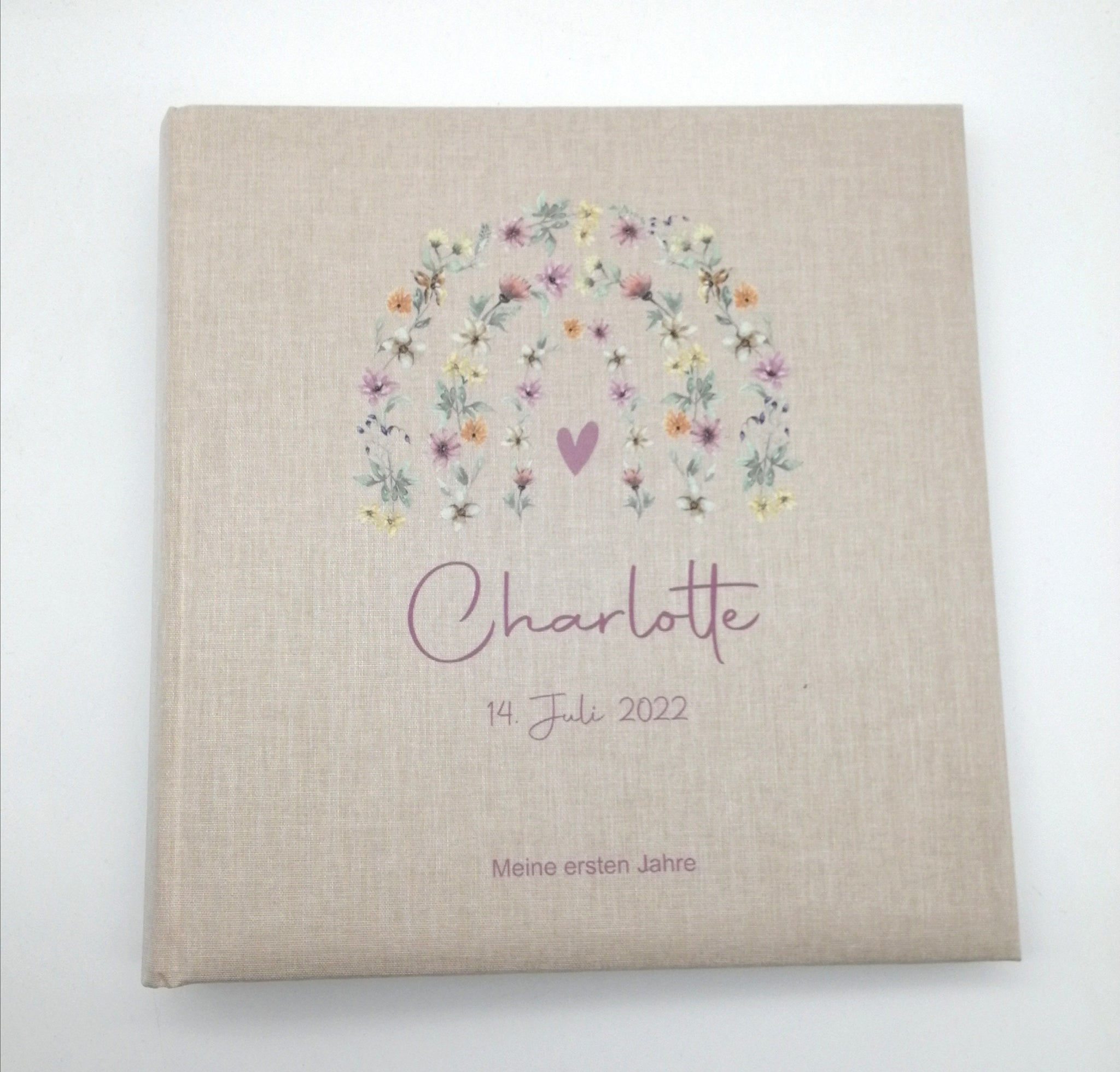 Fotoalbum personalisiert Baby, Kind "Blumenbogen" Leinen, Erinnerungsalbum, Fotoalbum Regenbogen, Mädchen, Fotoalbum zur Geburt Taufe,