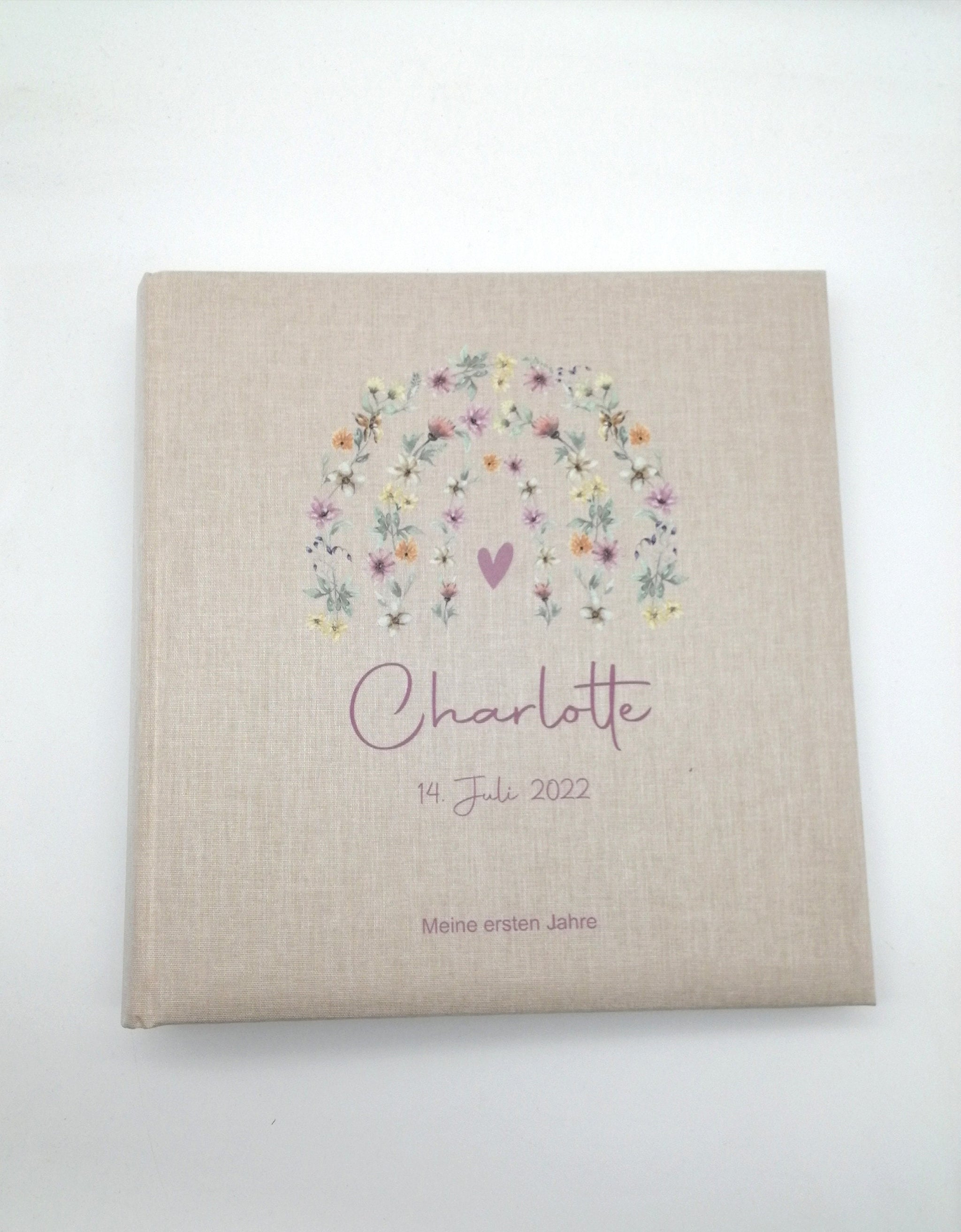 Fotoalbum personalisiert Baby, Kind "Blumenbogen" Leinen, Erinnerungsalbum, Fotoalbum Regenbogen, Mädchen, Fotoalbum zur Geburt Taufe,
