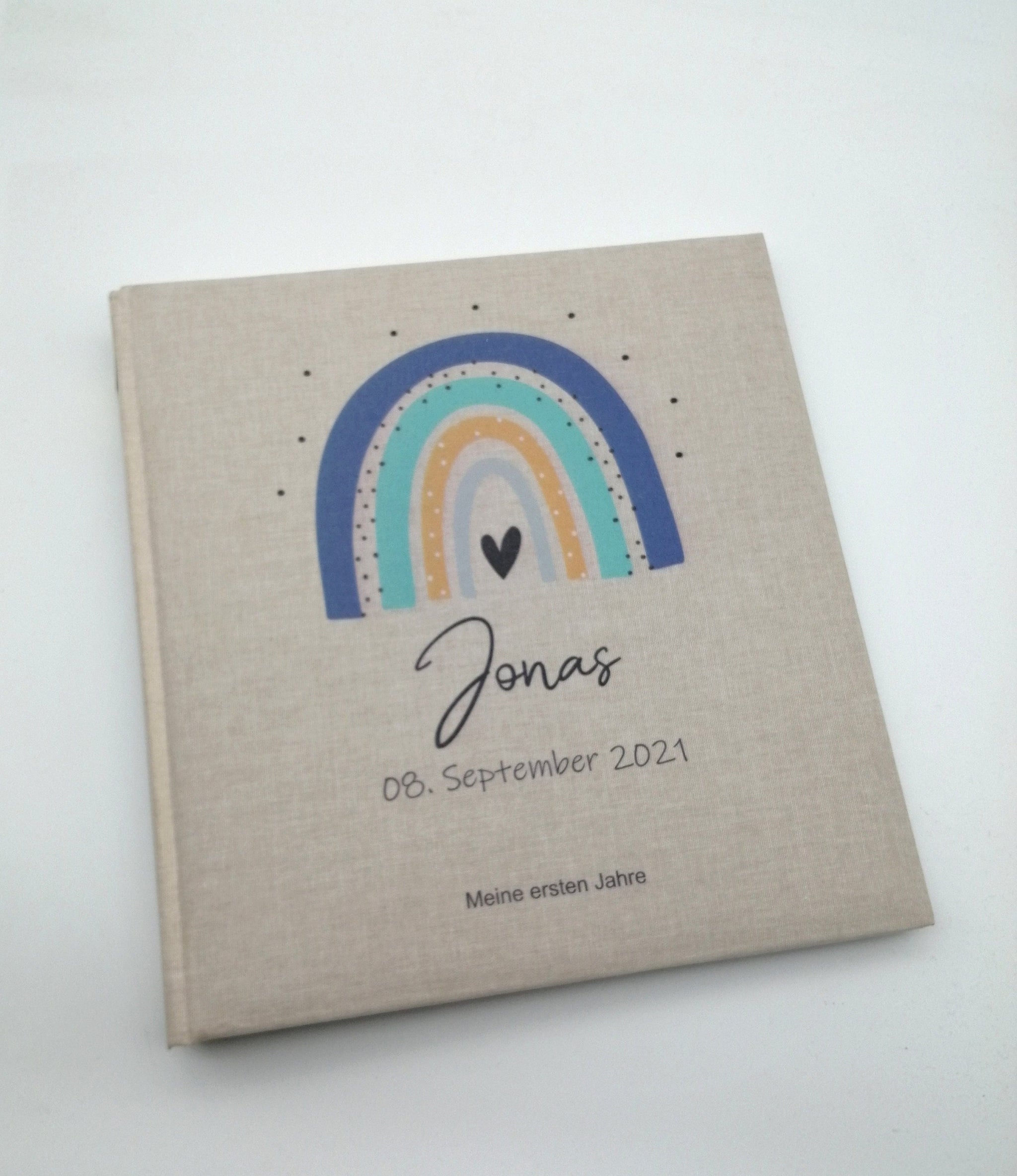 Fotoalbum personalisiert Baby, Kind "Regenbogen blau/mint" Leinen, Erinnerungsalbum