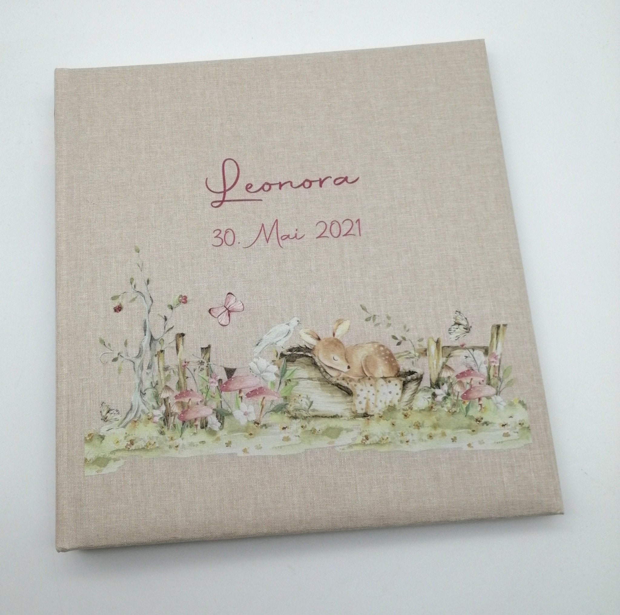 Fotoalbum personalisiert Baby, Kind "Reh Wiese" Leinen, Erinnerungsalbum