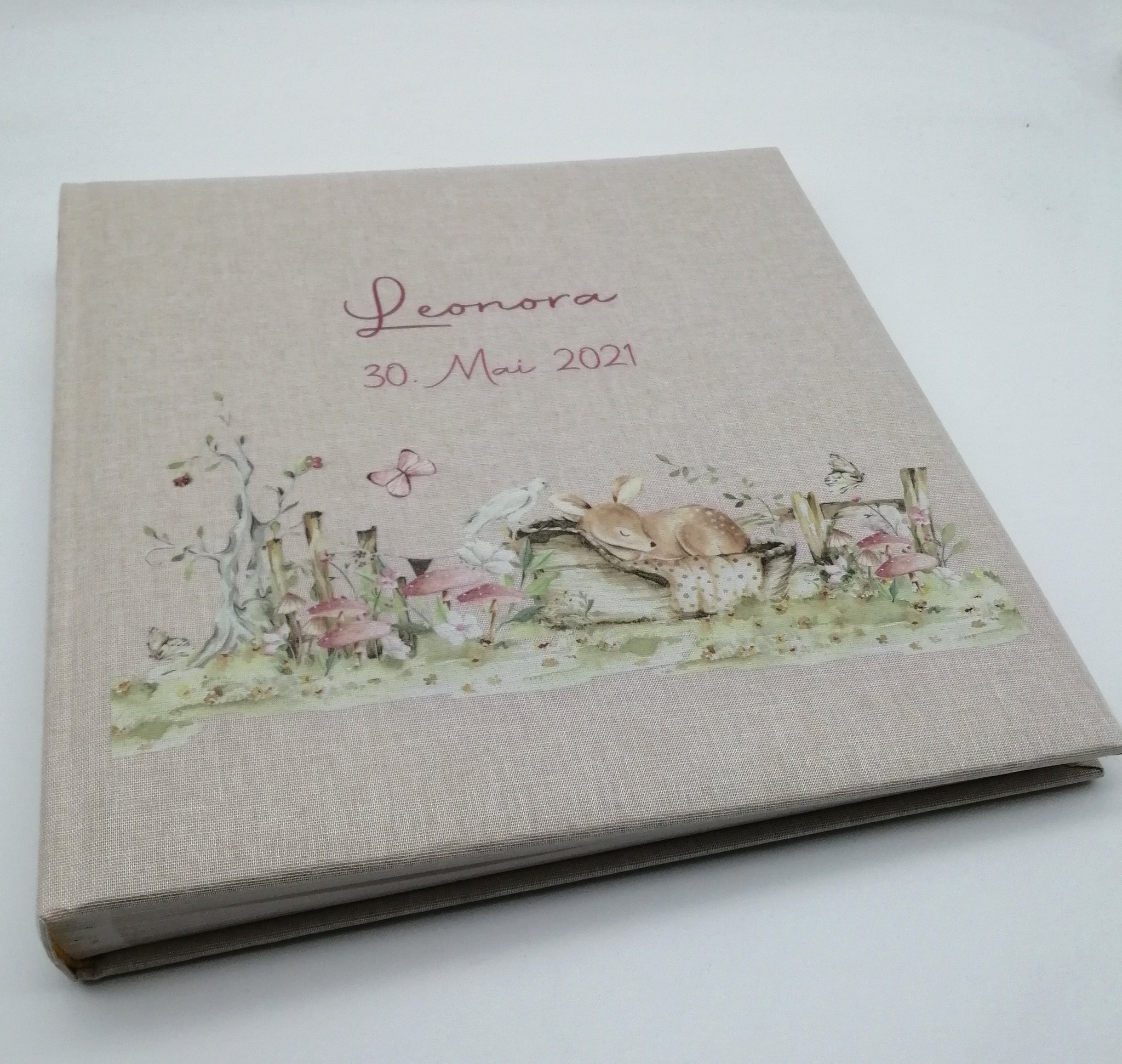 Fotoalbum personalisiert Baby, Kind "Reh Wiese" Leinen, Erinnerungsalbum