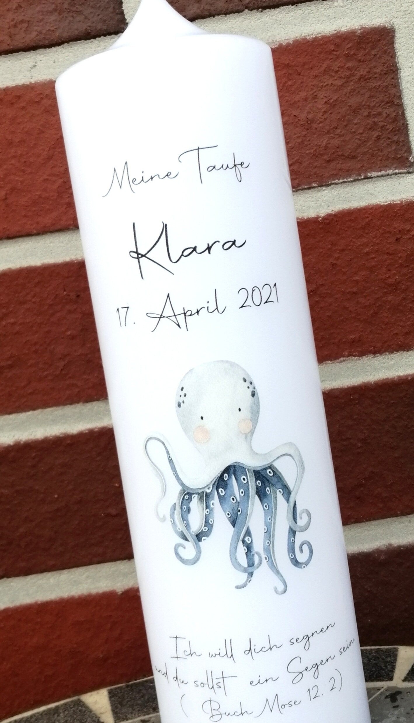 Taufkerze personalisiert mit Namen Datum und Taufspruch "Oktopus", Junge/ Mädchen