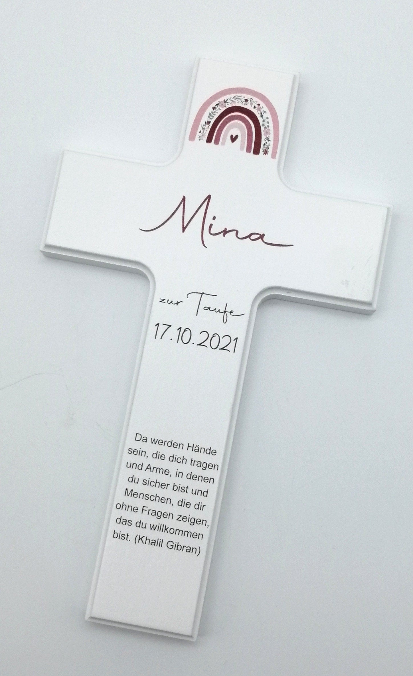 Taufkreuz / Kinderkreuz personalisiert "Regenbogen Blumen 2" Wandkreuz aus Holz