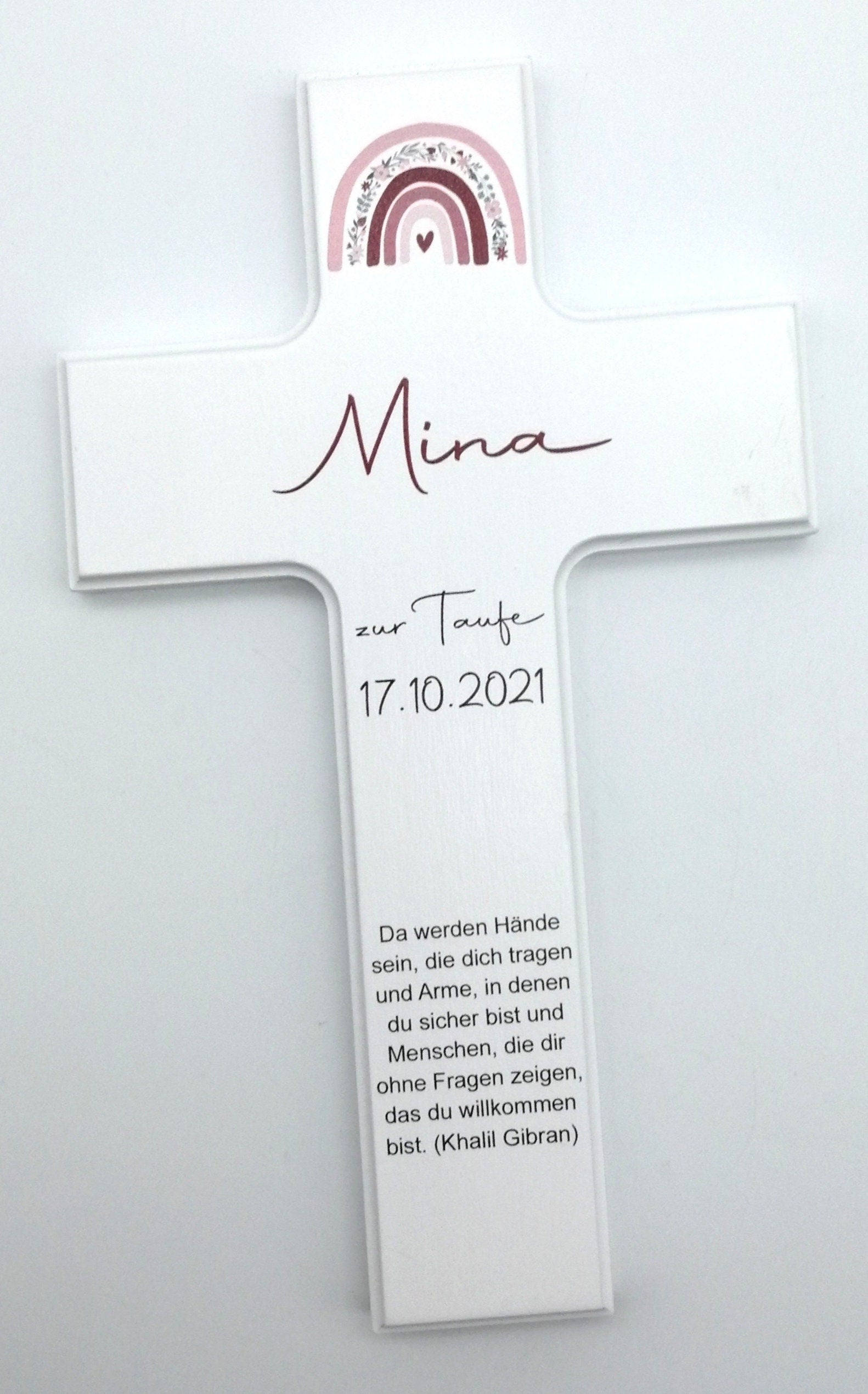 Taufkreuz / Kinderkreuz personalisiert "Regenbogen Blumen 2" Wandkreuz aus Holz