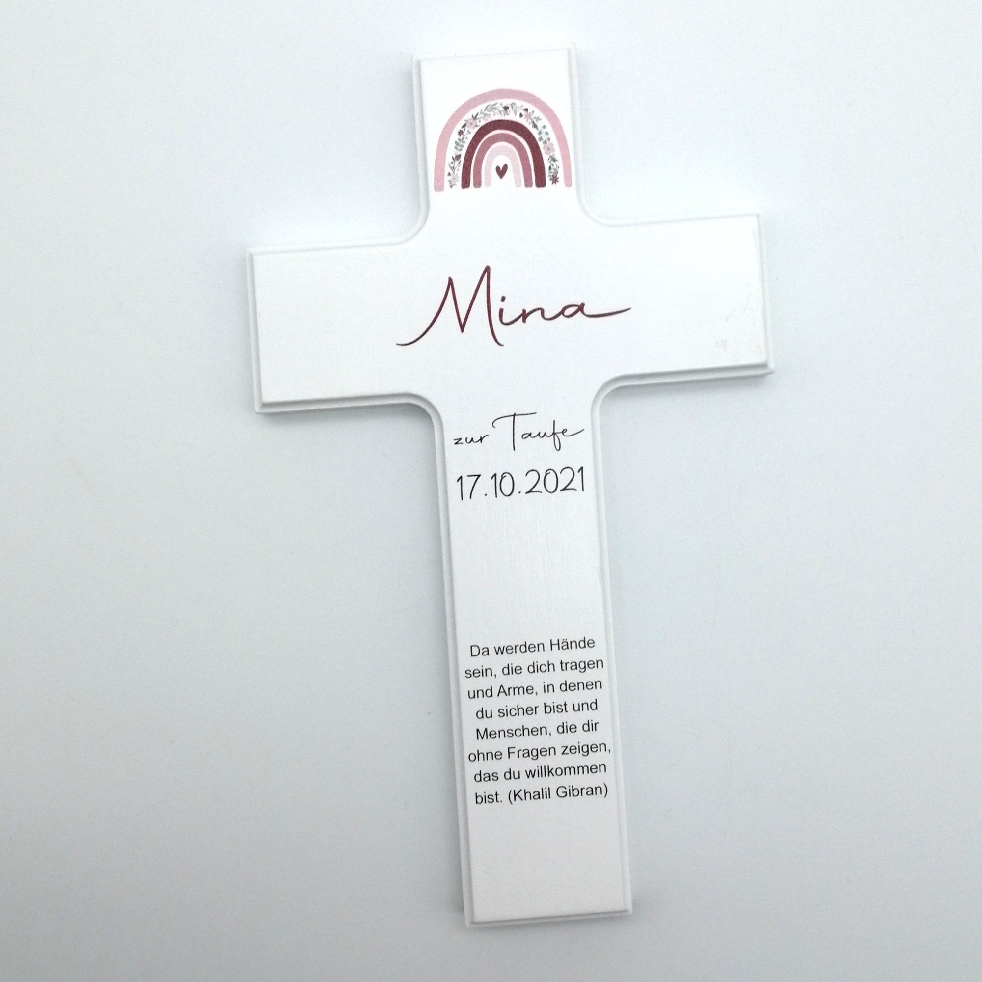 Taufkreuz / Kinderkreuz personalisiert "Regenbogen Blumen 2" Wandkreuz aus Holz