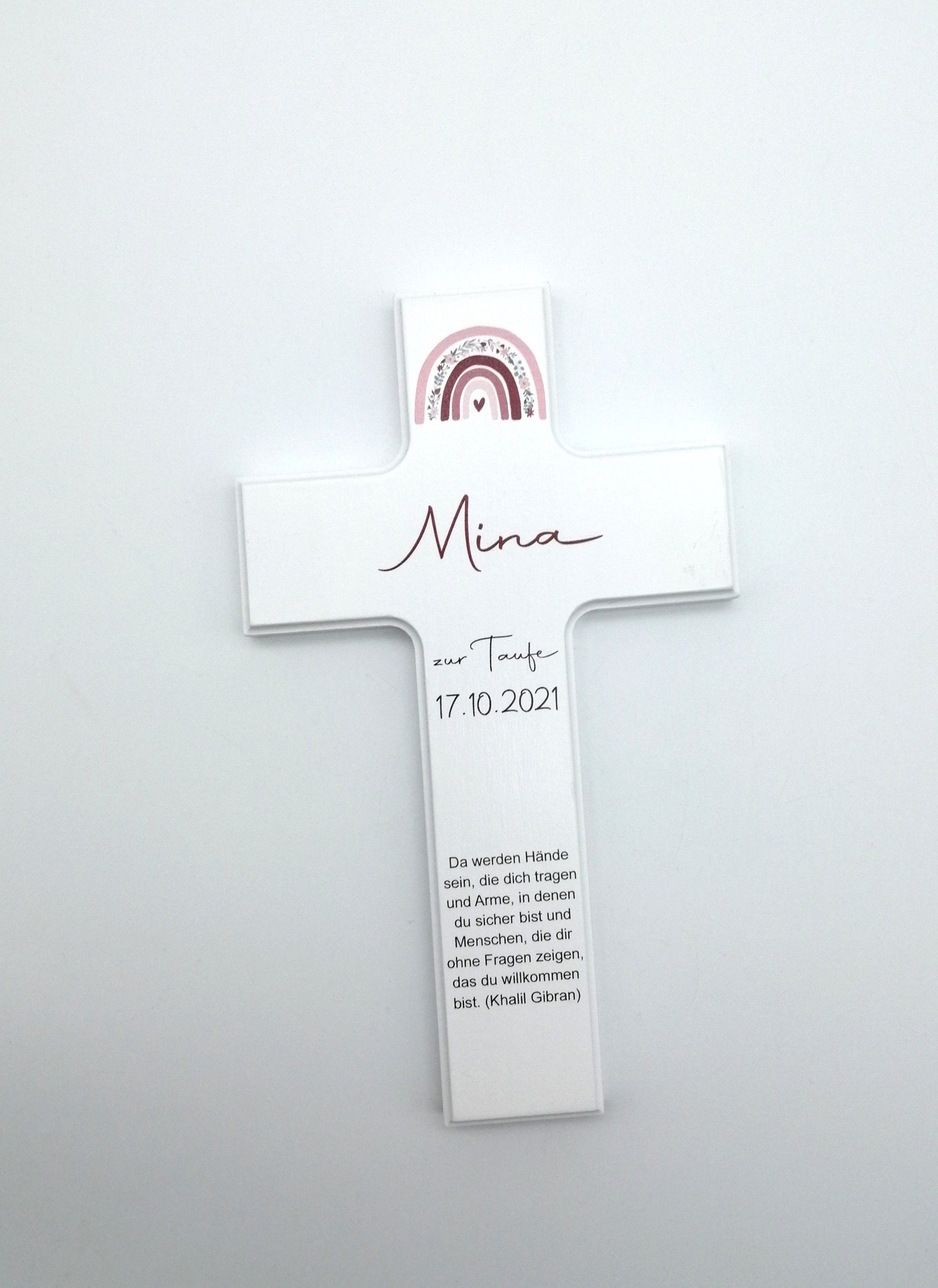Taufkreuz / Kinderkreuz personalisiert "Regenbogen Blumen 2" Wandkreuz aus Holz