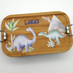 Brotdose personalisiert aus Edelstahl mit Bambus Deckel "Dino 2", Trennsteg, Lunchbox
