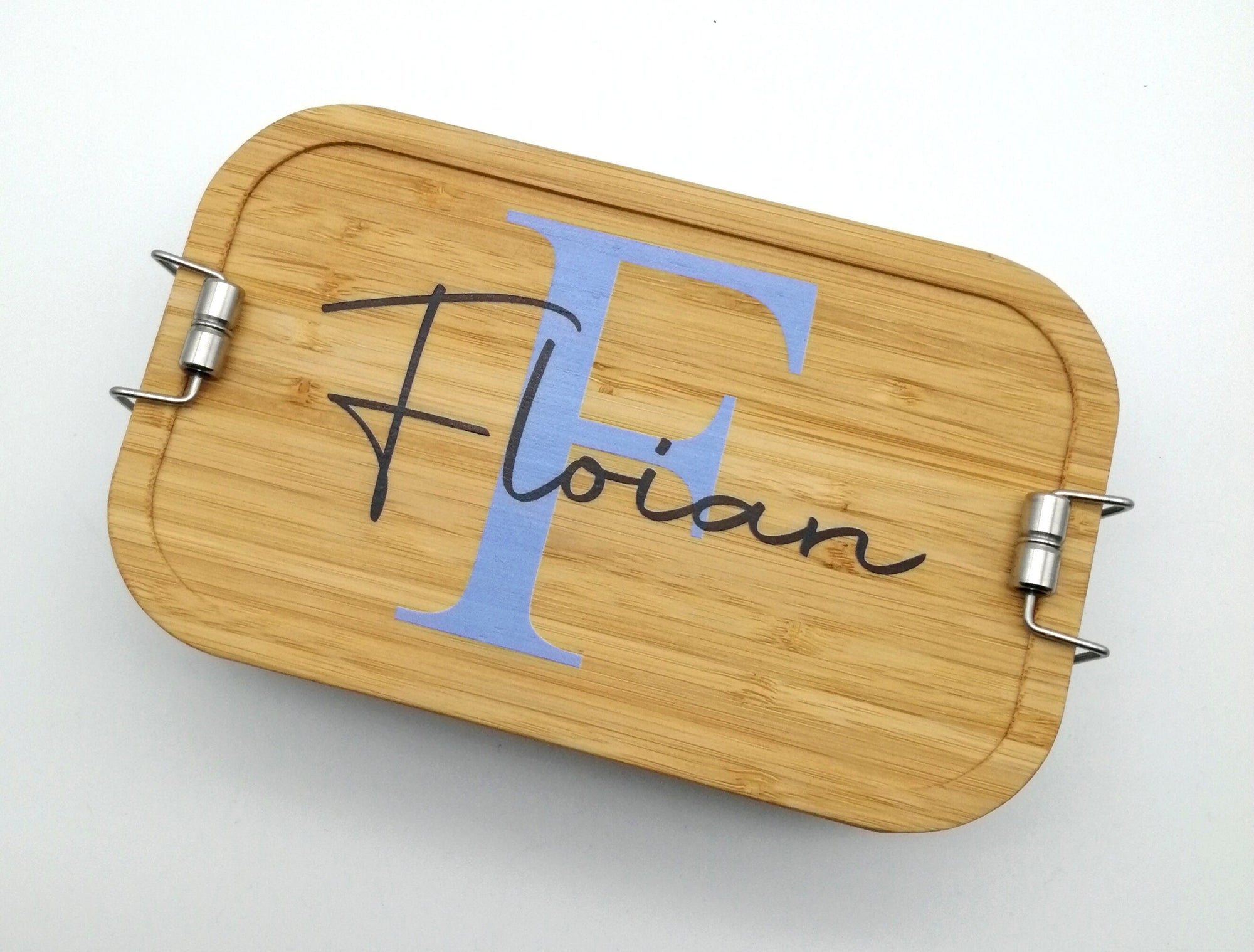 Brotdose personalisiert aus Edelstahl mit Bambus Deckel "Buchstabe blau", Trennsteg, Lunchbox