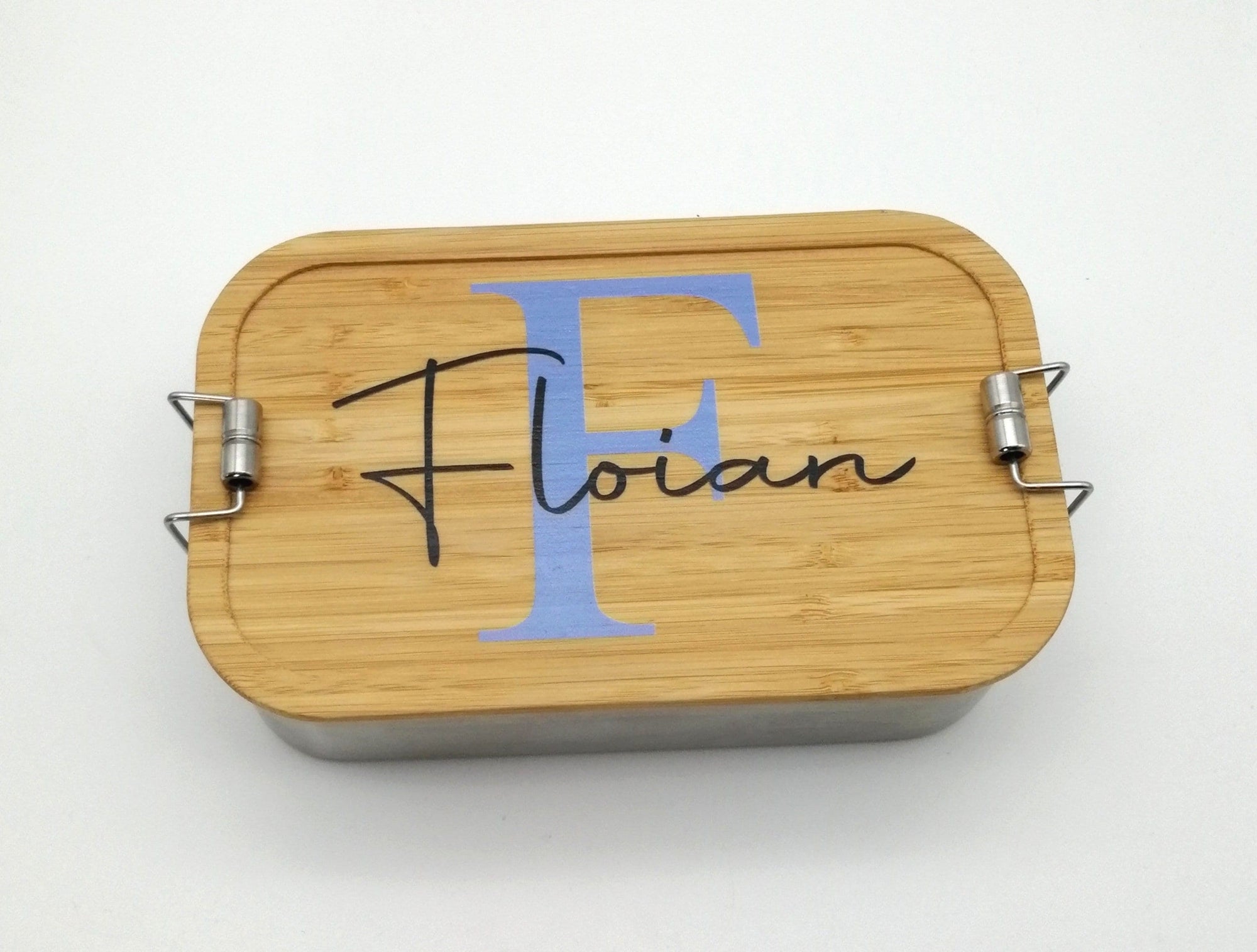 Brotdose personalisiert aus Edelstahl mit Bambus Deckel "Buchstabe blau", Trennsteg, Lunchbox