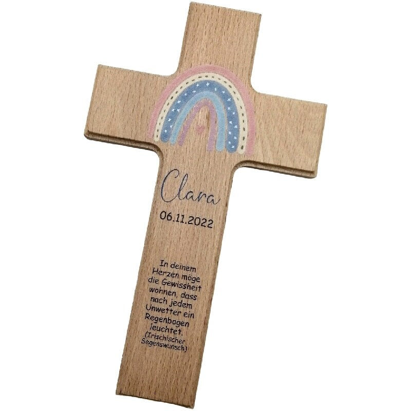 Taufkreuz / Kinderkreuz personalisiert "Regenbogen Boho" Wandkreuz aus Holz